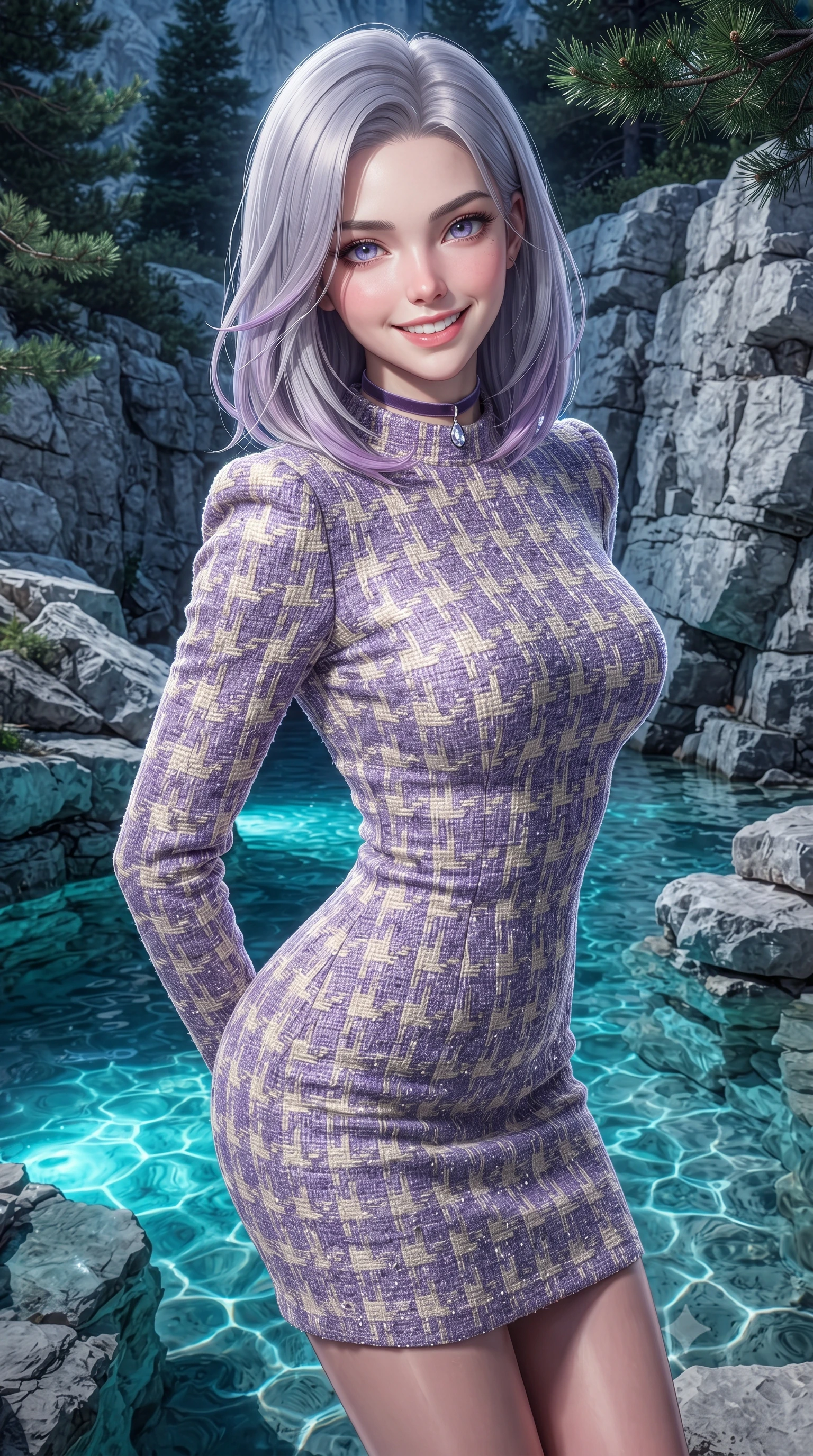 score_9, masterpiece, best quality, ultra-detailed, high-budget anime keyframe, editorial fashion photography, tasteful artistic composition, Caucasian woman. close-up cowboy shot from the waist and thighs up, the character dominates the composition, filling the frame with her large presence. leaning forward while arching her lower back to accentuate her curvy hips, looking into the camera with an intoxicating smoldering gaze and bedroom-eyes while twisting her slender torso in an alluring contrapposto stance, glowing turquoise pool water and moonlight wrapping around her flat midriff and hips. The surrounding environment is rendered in vivid detail and crisp panoramic clarity: sharp rough-hewn limestone rock strata, crystal-clear pool water surface caustics, and alpine pine needles in deep focus. She has an exceptionally elegant, slender, and willowy female figure with an ultra-slim waist, flat toned midriff, narrow ribcage, and sculpted feminine hips creating an alluring, slim hourglass silhouette without bulk. sharp v-shaped jawline, high-bridge nose, intricate jewel-like sparkling eyes with depth, thick eyelashes, glossy parted lips with a natural peach sheen, bright cheerful beaming smile with an enchanting and coquettish sensual glint, exuding both youthful cute charm and seductive allure, flawlessly proportioned anatomical accuracy, strict slender model proportions, natural body alignment, perfectly sculpted long slender limbs, ultra-slim waistline, clean dynamic posture without body distortion. wearing a tailored velvet bodycon cocktail dress with long fitted sleeves and mock neck in Luberon lavender purple and Provençal limestone cream, woven from structured British tweed with subtle metallic flecks, finished with a thin velvet ribbon choker and a single teardrop diamond pendant, the second-skin tailored fabric adhering flawlessly to her sculpted flat midriff and slender torso, emphasizing her long leg lines and perfectly proportioned willowy build. bathed in underwater pool turquoise LEDs contrasted with cool silver moonlight on limestone cliffs. ultra-reflective glossy finish, specular highlights, rich textural contrasts, high-contrast stereoscopic depth, volumetric dynamic lighting, 2k, ultra detail, master piece, 9:16 ratio