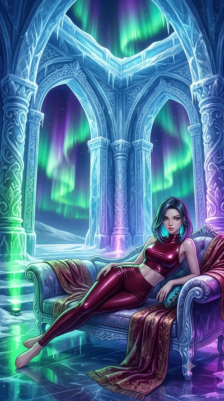 score_9, masterpiece, best quality, ultra-detailed, high-budget anime keyframe, semi-realistic 3D game render, editorial fashion photography, tasteful artistic composition, Caucasian woman. low angle full-body shot from head to toe showing her feet, filling the entire 9:16 vertical frame with her statuesque presence, stretching her vertical silhouette. reclining gracefully across the plush chaise lounge with one leg extended, her sculpted silhouette and flat midriff radiating magnetic nocturnal glamour while twisting her slender torso in an alluring S-curve, celestial green and violet auroral waves playing across her flat midriff and hourglass curves. The surrounding environment is rendered in vivid detail and crisp panoramic clarity: detailed anime styling, glossy highlights, and royal glacial palace architecture in high resolution. She has an exceptionally tall and slender model-like 8.5-heads proportion, an ultra-slim waist, a flat toned midriff, narrow delicate ribcage, and beautifully sculpted feminine hips creating a graceful, slim hourglass silhouette without any bulky heaviness, with impossibly long slender legs. sharp v-shaped jawline, high-bridge nose, intricate jewel-like sparkling eyes with depth, thick eyelashes, glossy parted lips with a natural peach sheen, bright cheerful beaming smile with an enchanting and coquettish sensual glint, exuding both youthful cute charm and seductive allure, flawlessly proportioned anatomical accuracy, strict slender model proportions, natural body alignment, perfectly sculpted long slender limbs, ultra-slim waistline, clean dynamic posture without body distortion. wearing a glossy vinyl crop top and high-waist tailored leggings with sleek chrome zippers and exposed midriff in deep burgundy and bronze accents, woven from buttery-soft stretch lambskin leather adhering to her body like a second skin, finished with delicate crystal-encrusted thigh garter straps glinting in the dim light, the impeccably tailored cut draping gracefully along her slender figure with aristocratic poise. bathed in the natural undulating luminescence of polar auroras mixed with cool opera stage uplighting. highly saturated vibrant anime colors, detailed shading with soft gradients, rich glossy textures, high-contrast stereoscopic depth, volumetric dynamic lighting, master piece, 9:16 ratio