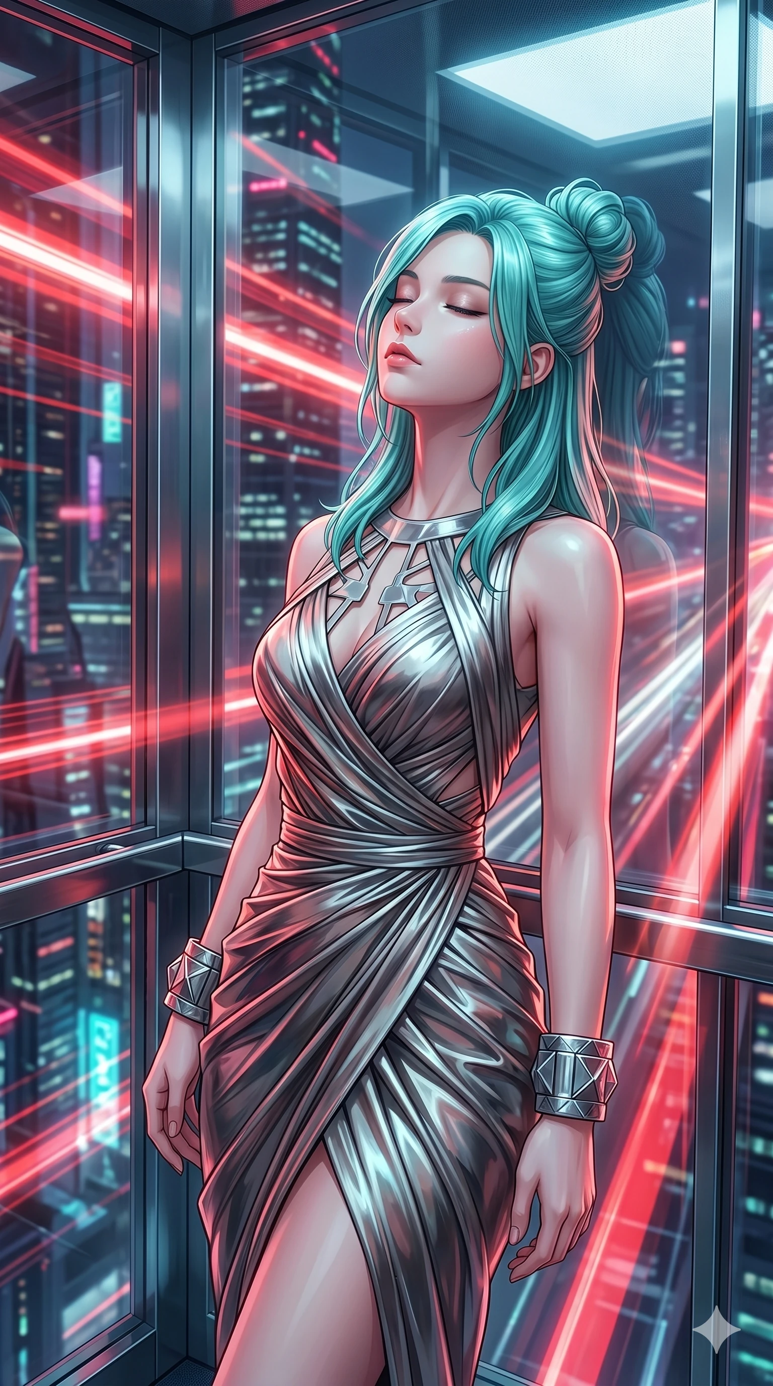 score_9, masterpiece, best quality, ultra-detailed, high-budget anime keyframe, semi-realistic 3D game render, Japanese woman. Upper body close-up from the thighs up, character filling the screen for maximum presence. Inside a glass-walled elevator rising rapidly through a skyscraper, leaning back against the glass, letting the city lights wash over her face. She is wearing a high-fashion draped metallic wrap dress with a geometric neckline and silver wrist cuffs. The scene is drenched in rapidly moving red and white volumetric light beams from the city below. 2k, ultra detail, master piece, 9:16 ratio