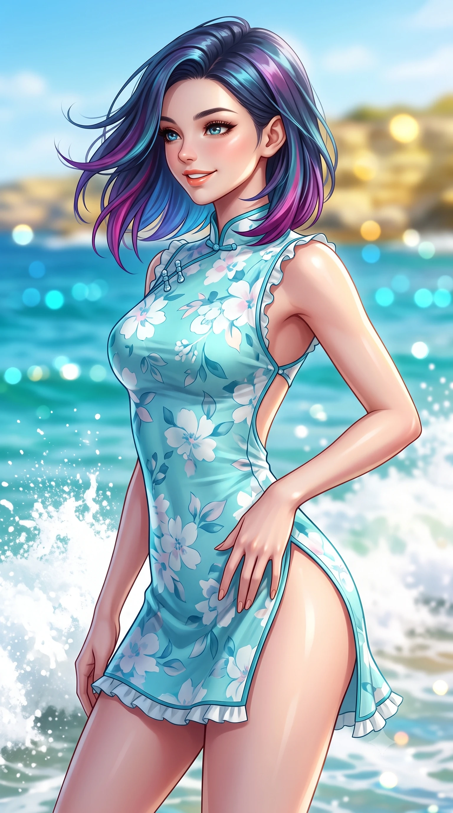 score_9, masterpiece, best quality, ultra-detailed, high-budget anime keyframe, semi-realistic 3D game render, editorial fashion photography, tasteful artistic composition, Caucasian woman. close-up cowboy shot from the waist and thighs up, the character dominates the composition, filling the frame with her large presence. tilting her head with a cute beaming smile while arching her spine with effortless dancer poise, one hand sliding along her hip line in a flirtatious S-curve while turning in an alluring dancer S-curve as ocean trade winds whip her hair, gazing toward crashing white surf with parted glossy lips. The composition keeps background elements in soft focus with dreamy creamy bokeh. glittering turquoise Bondi ocean waters, white breaking surf, and yellow sandstone cliffs blurred into cyan, sapphire, and gold bokeh. She has an exceptionally elegant, slender, and willowy female figure with an ultra-slim waist, flat toned midriff, narrow ribcage, and sculpted feminine hips creating an alluring, slim hourglass silhouette without bulk. sharp v-shaped jawline, high-bridge nose, intricate jewel-like sparkling eyes with depth, thick eyelashes, glossy parted lips with a natural peach sheen, bright cheerful beaming smile with an enchanting and coquettish sensual glint, exuding both youthful cute charm and seductive allure, flawlessly proportioned anatomical accuracy, strict slender model proportions, natural body alignment, perfectly sculpted long slender limbs, ultra-slim waistline, clean dynamic posture without body distortion. wearing a modern cute qipao mini dress with double side slits ascending to the hip in pastel floral silk in ocean turquoise and sea-salt white, tailored from fine lightweight chiffon that flutters gently in the breeze, finished with subtle ruffle trims and delicate pearl buttons, the precision-cut side openings and low-back scoop framing her graceful spine and the sensual sweep of her slim, toned hips. illuminated by intense specular sea reflections sharply carving her razor-sharp jawline, narrow waist, and curvy hips. highly saturated vibrant anime colors, detailed shading with soft gradients, rich glossy textures, high-contrast stereoscopic depth, volumetric dynamic lighting, master piece, 9:16 ratio