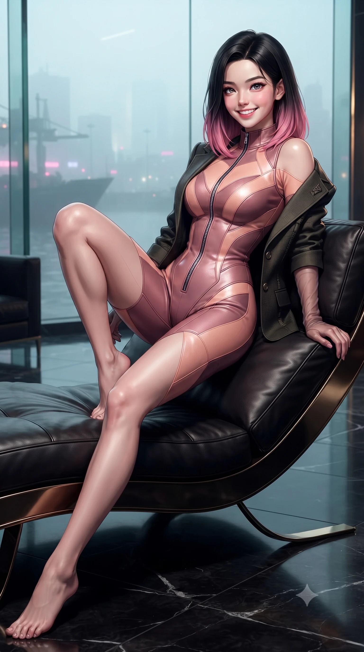 score_9, masterpiece, best quality, ultra-detailed, high-budget anime keyframe, editorial fashion photography, tasteful artistic composition, Korean woman. close-up cowboy shot from the waist and thighs up, the character dominates the composition, filling the frame with her large presence. perched sideways on the lounge seat, one knee drawn up to showcase her slender leg line while her arched back accentuates her feminine hip curve while lounging gracefully across the custom leather chaise propped on one elbow with legs extended, displaying her long slender limbs and statuesque hourglass silhouette against the misty neon harbor. The surrounding environment is rendered in vivid detail and crisp panoramic clarity: detailed haute-couture tactical blazer, rich fabric textures, and executive high-tech interior design in razor-sharp precision. She has an exceptionally elegant, slender, and willowy female figure with an ultra-slim waist, flat toned midriff, narrow ribcage, and sculpted feminine hips creating an alluring, slim hourglass silhouette without bulk. sharp v-shaped jawline, high-bridge nose, intricate jewel-like sparkling eyes with depth, thick eyelashes, glossy parted lips with a natural peach sheen, bright cheerful beaming smile with an enchanting and coquettish sensual glint, exuding both youthful cute charm and seductive allure, flawlessly proportioned anatomical accuracy, strict slender model proportions, natural body alignment, perfectly sculpted long slender limbs, ultra-slim waistline, clean dynamic posture without body distortion. wearing a sculpted tactical lambskin leather catsuit with seamless paneling and silver zipper hardware accentuating her flat midriff and curvy hips in Solaris liquid rose-quartz and alien peach, tailored from high-density tech-wool with subtle metallic thread weave, complemented by sheer opera-length evening gloves tracing her slender arms, the bespoke structured tailoring following the natural line of her 8.5-heads silhouette with refined elegance. illuminated by black marble floor bounce and sharp champagne-gold rim lights defining her razor-sharp jawline, narrow waist, and curvy hips. ultra-reflective glossy finish, specular highlights, rich textural contrasts, high-contrast stereoscopic depth, volumetric dynamic lighting, 2k, ultra detail, master piece, 9:16 ratio