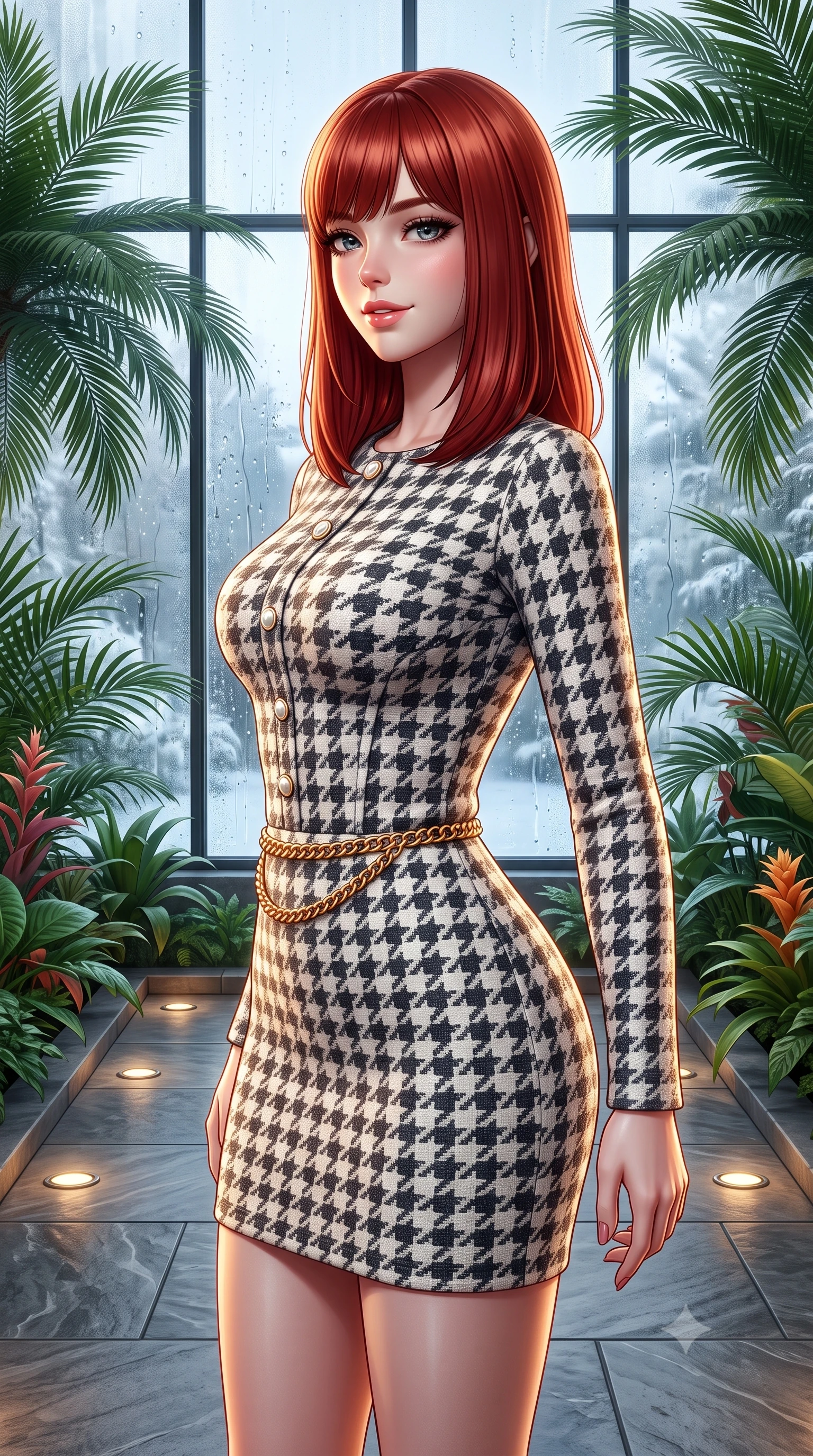 score_9, masterpiece, best quality, ultra-detailed, high-budget anime keyframe, semi-realistic 3D game render, editorial fashion photography, tasteful artistic composition, Caucasian woman. close-up cowboy shot from the waist and thighs up, the character dominates the composition, filling the frame with her large presence. turning in an alluring three-quarter profile with head tilted, her glossy parted lips and jewel-like eyes catching the warm light while standing poised on the warm slate floor of the indoor winter garden pavilion surrounded by lush tropical palms, smiling with serene relaxation. The surrounding environment is rendered in vivid detail and crisp panoramic clarity: sharp thermal glass mullion seams, water droplet rivulets on exterior panes, and textured grey Vals quartzite stone tiles in deep focus. She has an exceptionally elegant, slender, and willowy female figure with an ultra-slim waist, flat toned midriff, narrow ribcage, and sculpted feminine hips creating an alluring, slim hourglass silhouette without bulk. sharp v-shaped jawline, high-bridge nose, intricate jewel-like sparkling eyes with depth, thick eyelashes, glossy parted lips with a natural peach sheen, bright cheerful beaming smile with an enchanting and coquettish sensual glint, exuding both youthful cute charm and seductive allure, flawlessly proportioned anatomical accuracy, strict slender model proportions, natural body alignment, perfectly sculpted long slender limbs, ultra-slim waistline, clean dynamic posture without body distortion. wearing a form-contouring pastel bouclé tweed bodycon mini dress with structured waist darts and decorative pearl buttons in classic Savile Row charcoal houndstooth and crisp ivory, crafted from liquid-tight stretch cashmere knit clinging flawlessly to every curve with silky softness, finished with a sleek gold chain belt resting snugly across her narrow waist and curving hips, the snug waist-cinching tailoring accentuating her ultra-slim waistline and the enchanting curve of her feminine hips with alluring seductive charm. bathed in calm diffused winter daylight filtering through steamy glass panes combined with warm 2800K recessed floor lights. highly saturated vibrant anime colors, detailed shading with soft gradients, rich glossy textures, high-contrast stereoscopic depth, volumetric dynamic lighting, master piece, 9:16 ratio