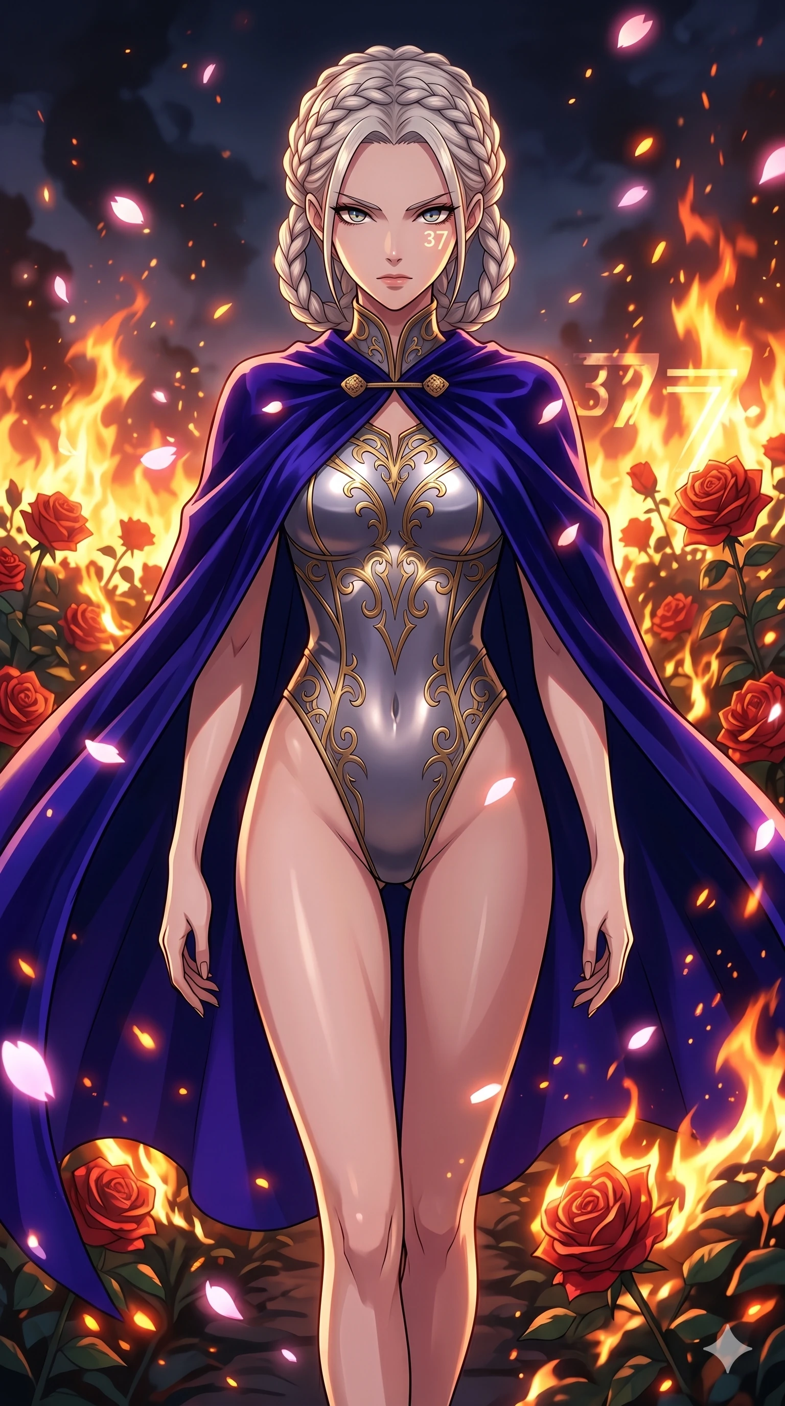 score_9, masterpiece, best quality, ultra-detailed, Set A: High-budget Anime Keyframe, Japanese woman. Upper body close-up from the thighs up, character filling the screen for maximum presence. Walking gracefully through a burning rose garden, with a look of intense determination reflecting the fires of 37 and surrounded by digital sakura petals. She has an absolutely perfect 8-heads proportion, an exceptionally tall and slender female figure with impossibly long slender legs and an ultra-slim waist. Sharp v-shaped jawline, high-bridge nose, intricate jewel-like eyes with depth, thick eyelashes, glossy lips with a natural sheen. Wearing Royal velvet cape over a high-cut metallic bodysuit with intricate gold engravings. Cinematic lighting, vibrant colors, dramatic shadows, 2k, ultra detail, master piece, 9:16 ratio
