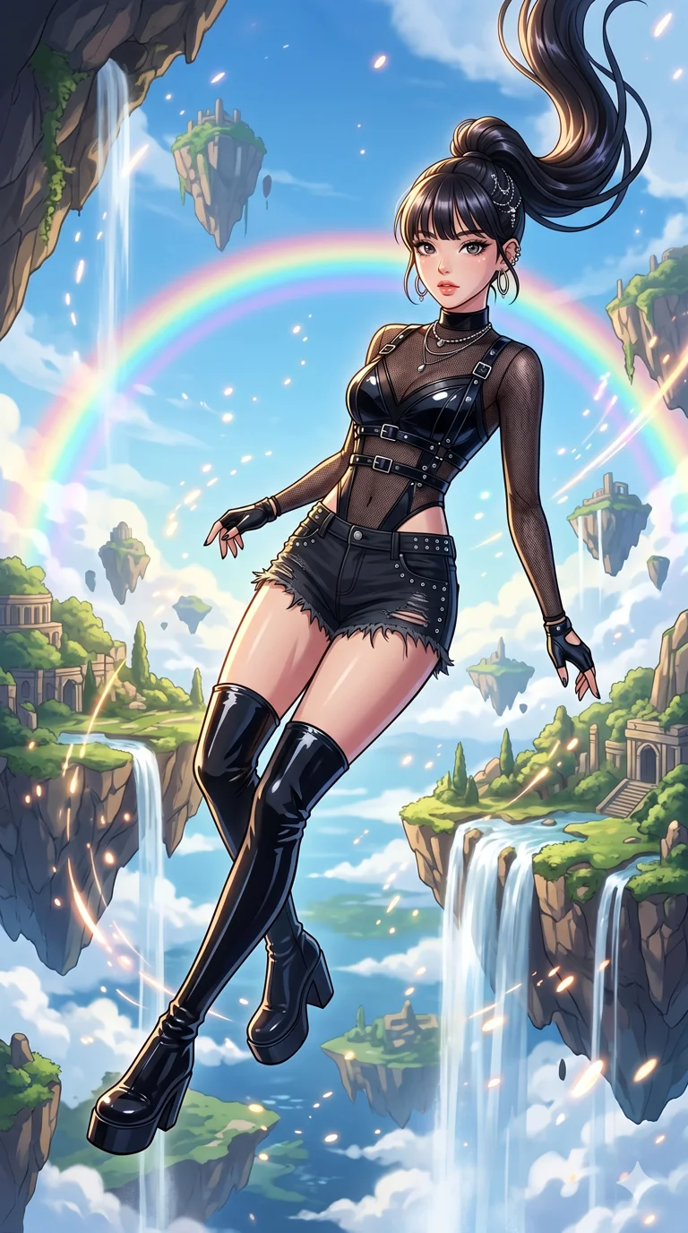 score_9, masterpiece, best quality, ultra-detailed, High-budget Anime Keyframe, beautiful Korean anime girl. Low angle cowboy shot filling the entire 9:16 frame with her overwhelming presence. Gracefully falling through a sky of floating islands and waterfalls under a vibrant double rainbow. She has an absolutely perfect 8-heads proportion, an exceptionally tall and slender female figure with impossibly long slender legs and an ultra-slim waist. Sharp v-shaped jawline, high-bridge nose, intricate jewel-like eyes with depth, thick eyelashes, glossy lips with a natural sheen. Wearing a K-Idol Stage outfit: obsidian black leather harness over mesh, high-cut bodysuit, studded micro-shorts, thigh-high patent boots. Background is a bright and colorful environment with cinematic lighting, dynamic particle effects, and high-contrast shadows. 2k, ultra detail, master piece, 9:16 ratio