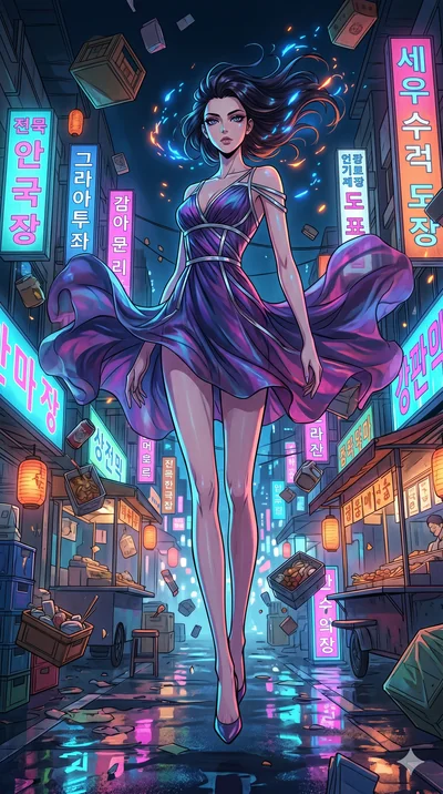 score_9, masterpiece, best quality, ultra-detailed, Set A: High-budget Anime Keyframe, Caucasian (strictly human ears) woman. Low angle cowboy shot filling the entire 9:16 frame with her statuesque presence. Floating through a neon-lit Neo-Seoul mark