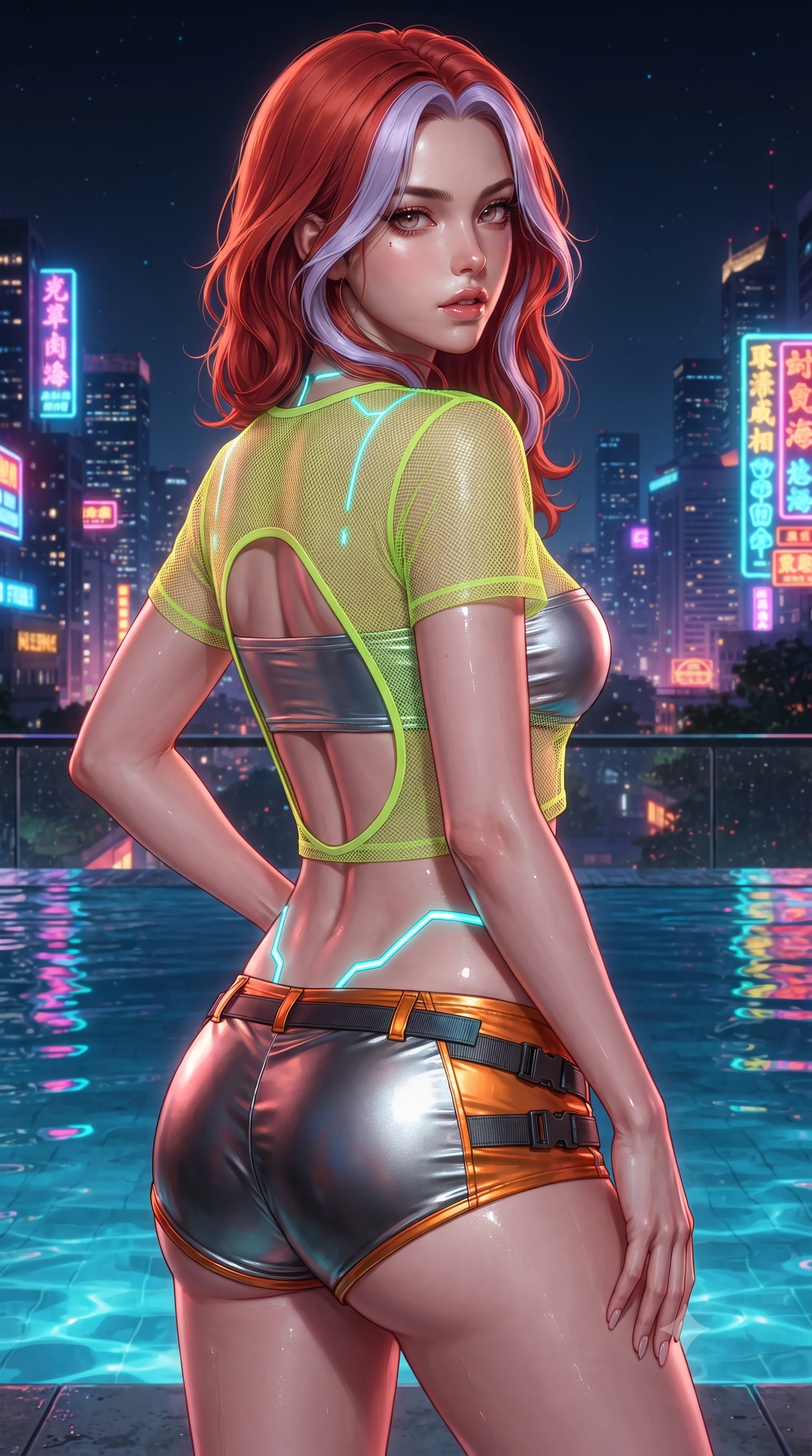 score_9, masterpiece, best quality, ultra-detailed, high-budget anime keyframe, editorial fashion photography, tasteful artistic composition, Caucasian woman. close-up cowboy shot from the waist and thighs up, the character dominates the composition, filling the frame with her large presence. resting one manicured hand delicately on her hip bone, her upper body turning in a fluid, seductive S-curve while parted lips glisten in the light while standing at the infinity pool edge with her back to the camera, twisting her torso to cast a smoldering, dangerous look over her shoulder. The surrounding environment is rendered in vivid detail and crisp panoramic clarity. detailed neon sign typography, wet fabric sheen, and night skyline reflections in high clarity. She has an exceptionally elegant, slender, and willowy female figure with an ultra-slim waist, a gracefully sculpted slender torso, toned flat midriff, and rounded feminine hips creating an alluring hourglass silhouette. sharp v-shaped jawline, high-bridge nose, intricate jewel-like eyes with depth, thick eyelashes, glossy parted lips with a natural sheen, intensely captivating and seductive bedroom-eyes expression, flawlessly proportioned anatomical accuracy, strict slender model proportions, natural body alignment, perfectly sculpted long slender limbs, ultra-slim waistline, clean dynamic posture without body distortion. wearing a sheer neon mesh crop top layered over a metallic silver tube top and low-slung swim shorts in metallic gunmetal and laser orange, crafted from flexible reflective spandex and tactical webbing, accented with glowing cyan LED circuit lines tracing her hip bones and collarbones, the dramatically scooped open back descending to the base of her spine, accentuating her razor-sharp statuesque lines and curvy hourglass silhouette. illuminated by wet specular bounce lights accentuating her feminine waist-to-hip hourglass contour. ultra-reflective glossy finish, specular highlights, rich textural contrasts, high-contrast stereoscopic depth, volumetric dynamic lighting, 2k, ultra detail, master piece, 9:16 ratio