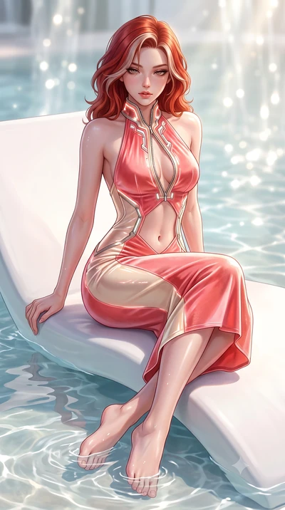 score_9, masterpiece, best quality, ultra-detailed, high-budget anime keyframe, semi-realistic 3D game render, editorial fashion photography, tasteful artistic composition, Caucasian woman. close-up cowboy shot from the waist and thighs up, the chara