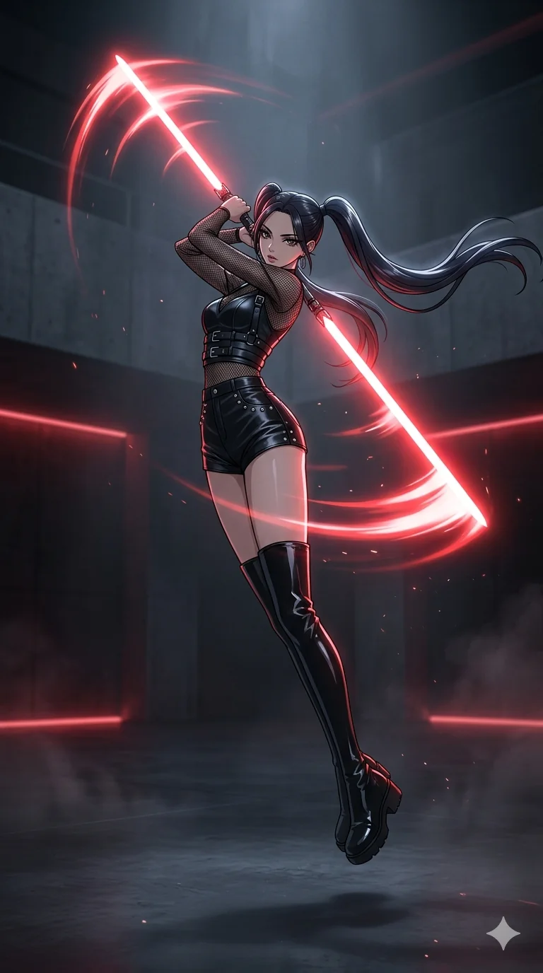 score_9, masterpiece, best quality, ultra-detailed, high-budget anime movie keyframe, cinematic anime lighting, intricate line art, Japanese anime girl. Mid-air action shot capturing a graceful twist and vertical silhouette. spinning a double-edged light-saber in a dark, minimalist room. She has an absolutely perfect 8-heads proportion, an exceptionally tall and slender female figure with an ultra-slim waist and impossibly long slender legs. strictly human anatomy, two legs only, no extra limbs, clearly defined legs and arms, perfect anatomy, perfect hands and fingers. sharp v-shaped jawline, high-bridge nose, intricate jewel-like eyes, thick eyelashes, glossy lips. Wearing K-Idol Stage: Leather harness over mesh, high-cut bodysuit, studded micro-shorts, and thigh-high patent boots. The scene is illuminated by dramatic atmospheric lighting and vibrant color palettes. , 2k, ultra detail, master piece, 9:16 ratio