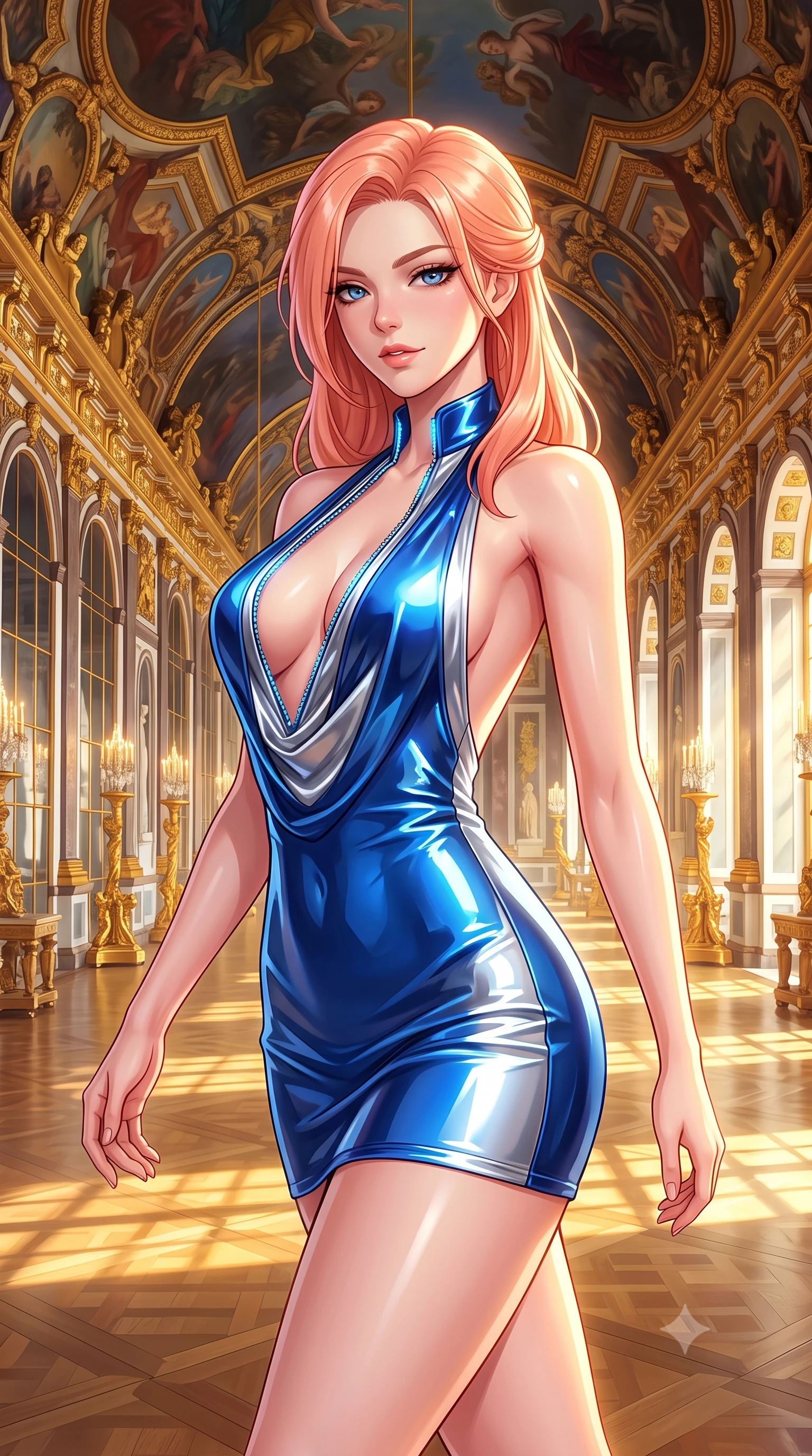 score_9, masterpiece, best quality, ultra-detailed, high-budget anime keyframe, semi-realistic 3D game render, editorial fashion photography, tasteful artistic composition, Japanese woman. close-up cowboy shot from the waist and thighs up, the character dominates the composition, filling the frame with her large presence. stretching forward with an alluring arch of her spine, glancing over her shoulder with thick eyelashes and a smoldering half-smile while striding gracefully down the grand Versailles Hall of Mirrors as morning sunbeams reflect brilliantly off hundreds of gilded mirrors. The surrounding environment is rendered in vivid detail and crisp panoramic clarity. high-contrast royal palace architecture and opulent French luxury aesthetic rendered with environmental sharpness. She has an exceptionally elegant, slender, and willowy female figure with an ultra-slim waist, a gracefully sculpted slender torso, toned flat midriff, and a refined slim silhouette. sharp v-shaped jawline, high-bridge nose, intricate jewel-like eyes with depth, thick eyelashes, glossy lips with a natural sheen, flawlessly proportioned anatomical accuracy, strict slender model proportions, natural body alignment, perfectly sculpted long slender limbs, ultra-slim waistline, clean dynamic posture without body distortion. wearing a form-contouring liquid satin halter-neck mini dress with a deep crossover cowl front, open back, and ultra-slender waist drape in liquid electric cobalt blue and polished silver, formed from high-gloss patent material with specular light reflections, featuring a dangerously unzipped neckline framed by glowing cybernetic accents, the liquid-tight tailored fabric emphasizing every curve of her tall, slender model proportions and sculptured silhouette during dynamic movement. bathed in dazzling golden morning sunlight reflecting off crystal and gilded mirrors. highly saturated vibrant anime colors, detailed shading with soft gradients, rich glossy textures, high-contrast stereoscopic depth, volumetric dynamic lighting, master piece, 9:16 ratio