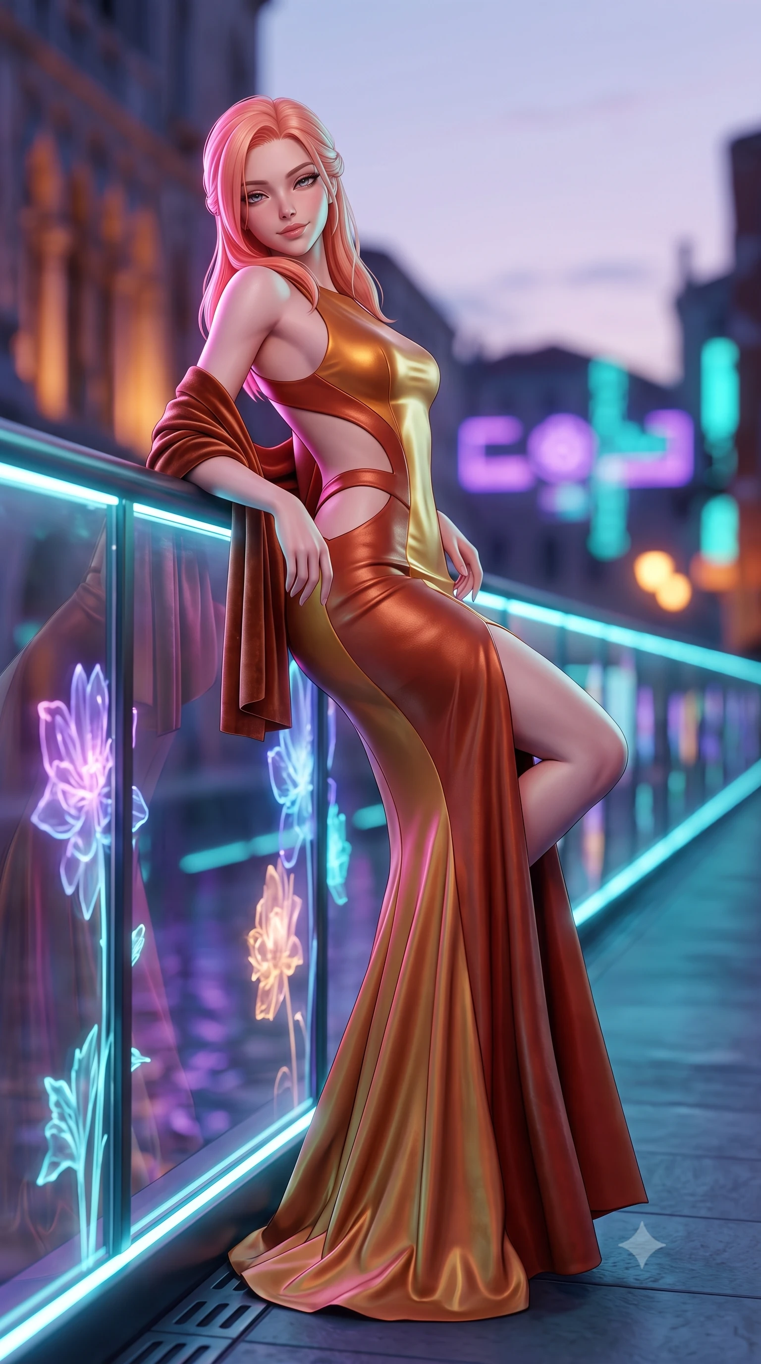 score_9, masterpiece, best quality, ultra-detailed, high-budget anime keyframe, semi-realistic 3D game render, editorial fashion photography, tasteful artistic composition, Japanese woman. low angle full-body shot from head to toe showing her feet, filling the entire 9:16 vertical frame with her statuesque presence, stretching her vertical silhouette. reclining on her side in an elegant Cleopatra pose with one knee drawn up, the dramatic contour of her rounded hips and long slender legs commanding the 9:16 vertical frame while leaning against the illuminated glass balustrade of a cybernetic footbridge with hips cocked back, looking over her shoulder with an alluring, enigmatic smile. The composition keeps background elements in soft focus with creamy bokeh. illuminated gothic canal facades and glowing holographic floral projections blurred into electric violet, turquoise, and amber bokeh. She has an exceptionally tall and slender model-like 8.5-heads proportion, an ultra-slim waist, a flat toned midriff, narrow delicate ribcage, and beautifully sculpted feminine hips creating a graceful, slim hourglass silhouette without any bulky heaviness, with impossibly long slender legs. sharp v-shaped jawline, high-bridge nose, intricate jewel-like eyes with depth, thick eyelashes, glossy parted lips with a natural sheen, intensely captivating and seductive bedroom-eyes expression, flawlessly proportioned anatomical accuracy, strict slender model proportions, natural body alignment, perfectly sculpted long slender limbs, ultra-slim waistline, clean dynamic posture without body distortion. wearing a sculptured liquid-satin mermaid gown with an architectural open-waist cutout and bare spine in molten desert gold and burnt terracotta, formed from supple second-skin lambskin leather with specular sheen, complemented by a plush velvet shawl draped loosely over her elbows, the dramatically scooped open back descending to the base of her spine, accentuating her razor-sharp statuesque lines and slim hourglass silhouette. bathed in rich neon violet and turquoise canal edge lights contrasting with soft ambient dome twilight. highly saturated vibrant anime colors, detailed shading with soft gradients, rich glossy textures, high-contrast stereoscopic depth, volumetric dynamic lighting, master piece, 9:16 ratio