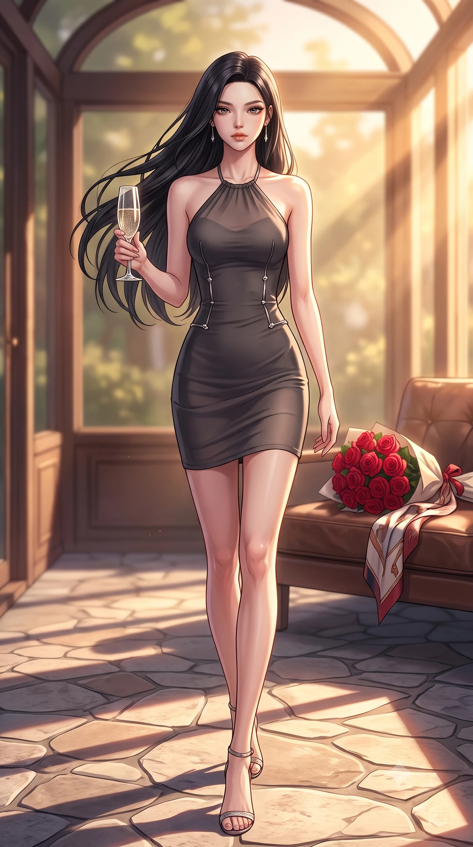 score_9, masterpiece, best quality, ultra-detailed, high-budget anime keyframe, editorial fashion photography, tasteful artistic composition, Korean woman. low angle full-body shot from head to toe showing her feet, filling the entire 9:16 vertical frame with her statuesque presence, stretching her vertical silhouette. stepping gracefully across the floor, her statuesque posture highlighting her slender waist while holding a crystal champagne glass set against a soft-focus background of inside an exclusive sunroom alcove with a bouquet of crimson roses and a silk scarf resting on the leather seat. She has an absolutely perfect, statuesque 8.5-heads proportion, an exceptionally tall and slender model-like female figure with impossibly long slender legs and an ultra-slim waist. sharp v-shaped jawline, high-bridge nose, intricate jewel-like eyes with depth, thick eyelashes, glossy lips with a natural sheen. wearing slim-fit charcoal semi-opaque chiffon form-contouring cashmere halter dress tracing her statuesque physique accented with delicate silver hardware. bathed in warm golden hour sunbeams that cast long, romantic shadows across the floor. highly saturated vibrant anime colors, detailed shading with soft gradients, rich glossy textures, high-contrast stereoscopic depth, volumetric dynamic lighting, master piece, 9:16 ratio