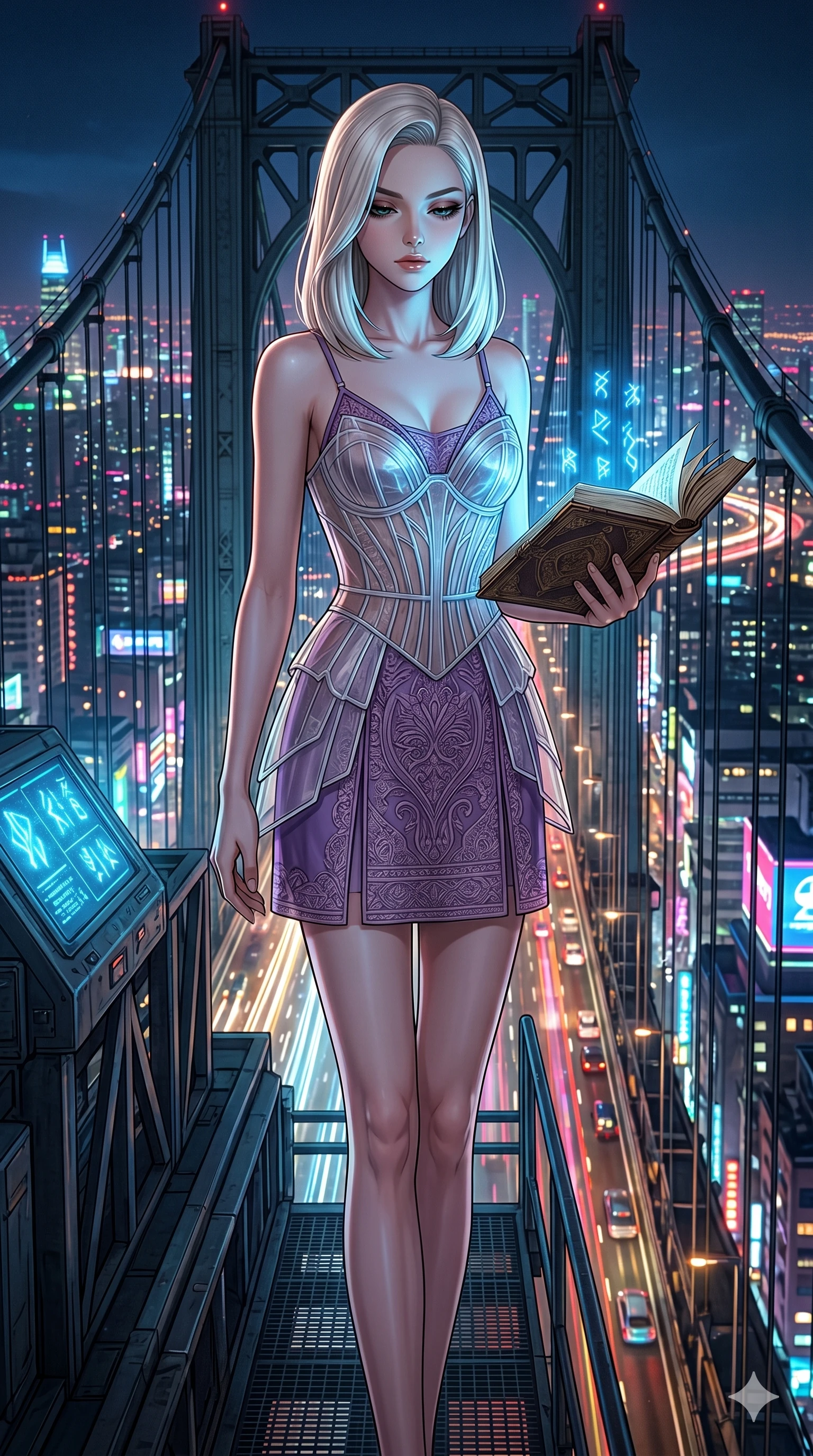 score_9, masterpiece, best quality, ultra-detailed, high-budget anime keyframe, editorial fashion photography, tasteful artistic composition, Caucasian woman, strictly human ears. cowboy shot from the thighs up, character and outfit filling the frame for maximum editorial presence. holding an open book, looking down in a composed gesture on a steel suspension bridge overlooking a sprawling neon city at night (Code-P18-164). She has an absolutely perfect 8-heads proportion, an exceptionally tall and slender female figure with impossibly long slender legs and an ultra-slim waist. V-shaped jawline, high-bridge nose, intricate jewel-like eyes with depth, thick eyelashes, glossy lips with a natural sheen. wearing a translucent structured bodice over a purple patterned embroidery slip dress. mystical blue light from the runes, casting a cool glowing highlight on her face. 2k, ultra detail, master piece, 9:16 ratio