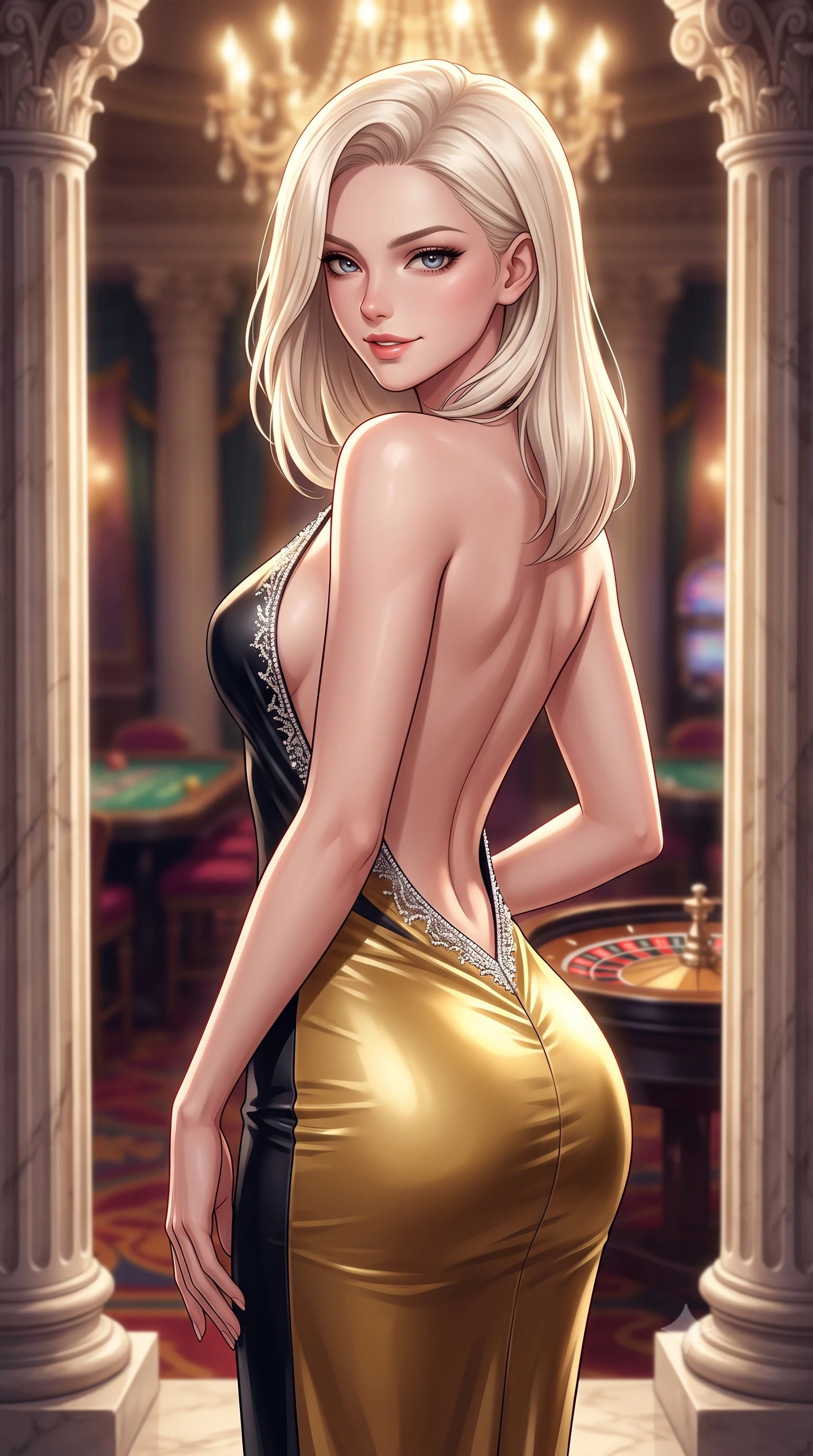 score_9, masterpiece, best quality, ultra-detailed, high-budget anime keyframe, semi-realistic 3D game render, editorial fashion photography, tasteful artistic composition, Caucasian woman. close-up cowboy shot from the waist and thighs up, the character dominates the composition, filling the frame with her large presence. turning over a bare shoulder with an intoxicating, teasing smile, her soft hair framing her sharp jawline as her hips angle gracefully while standing poised between towering marble Corinthian columns, twisting her slender torso in an alluring S-curve under cascading chandelier light. The composition keeps background elements in soft focus with creamy bokeh. distant velvet gaming tables and roulette wheels softened in glamorous high-roller shallow focus. She has an exceptionally elegant, slender, and willowy female figure with an ultra-slim waist, flat toned midriff, narrow ribcage, and sculpted feminine hips creating an alluring, slim hourglass silhouette without bulk. sharp v-shaped jawline, high-bridge nose, intricate jewel-like eyes with depth, thick eyelashes, glossy parted lips with a natural sheen, intensely captivating and seductive bedroom-eyes expression, flawlessly proportioned anatomical accuracy, strict slender model proportions, natural body alignment, perfectly sculpted long slender limbs, ultra-slim waistline, clean dynamic posture without body distortion. wearing a liquid-silk jersey evening gown with an ultra-deep plunging open back descending to the base of her spine and a sculpted hip-hugging skirt in midnight obsidian black and liquid gold, tailored from second-skin aerodynamic stretch vinyl with specular wet sheen, finished with delicate crystal frost embroidery tracing the plunging neckline, the dramatically scooped open back descending to the base of her spine, accentuating her razor-sharp statuesque lines and slim hourglass silhouette. illuminated by crisp directional spotlights sharply defining her sculpted collarbones, ultra-slim waist, and curvy hips. highly saturated vibrant anime colors, detailed shading with soft gradients, rich glossy textures, high-contrast stereoscopic depth, volumetric dynamic lighting, master piece, 9:16 ratio