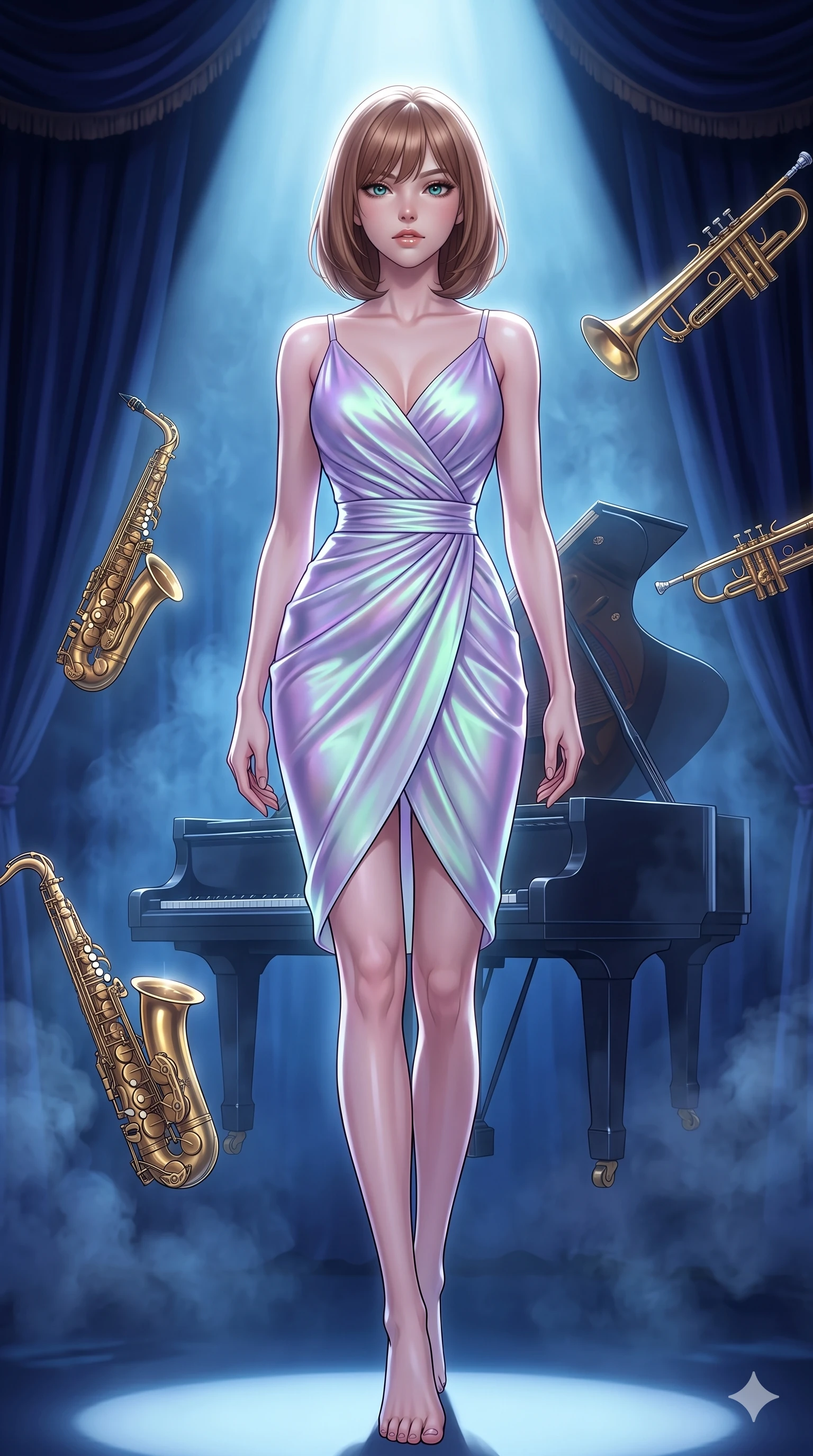 score_9, masterpiece, best quality, ultra-detailed, high-budget anime keyframe, editorial fashion photography, tasteful artistic composition, Caucasian woman, strictly human ears. low angle full-body shot from head to toe showing her feet, filling the entire 9:16 vertical frame with her statuesque presence, stretching her vertical silhouette. stepping elegantly through commanding the spotlight on a velvet-curtained jazz club stage surrounded by floating brass saxophones and trumpets that gleam in the smoky blue atmosphere with a grand piano hovering behind her. She has a statuesque 8.5-heads proportion, an exceptionally tall, slender and willowy model-like build with impossibly long legs and a highly sculpted ultra-slim waist. sharp v-shaped jawline, high-bridge nose, intricate jewel-like eyes with depth, thick eyelashes, glossy lips with a natural sheen. wearing a luminous satin wrap dress in a shifting holographic lavender-to-mint-green hue, draping and clinging to her slender waist with elegant precision. dramatic backlight creating a radiant halo effect around her entire silhouette. 2k, ultra detail, master piece, 9:16 ratio
