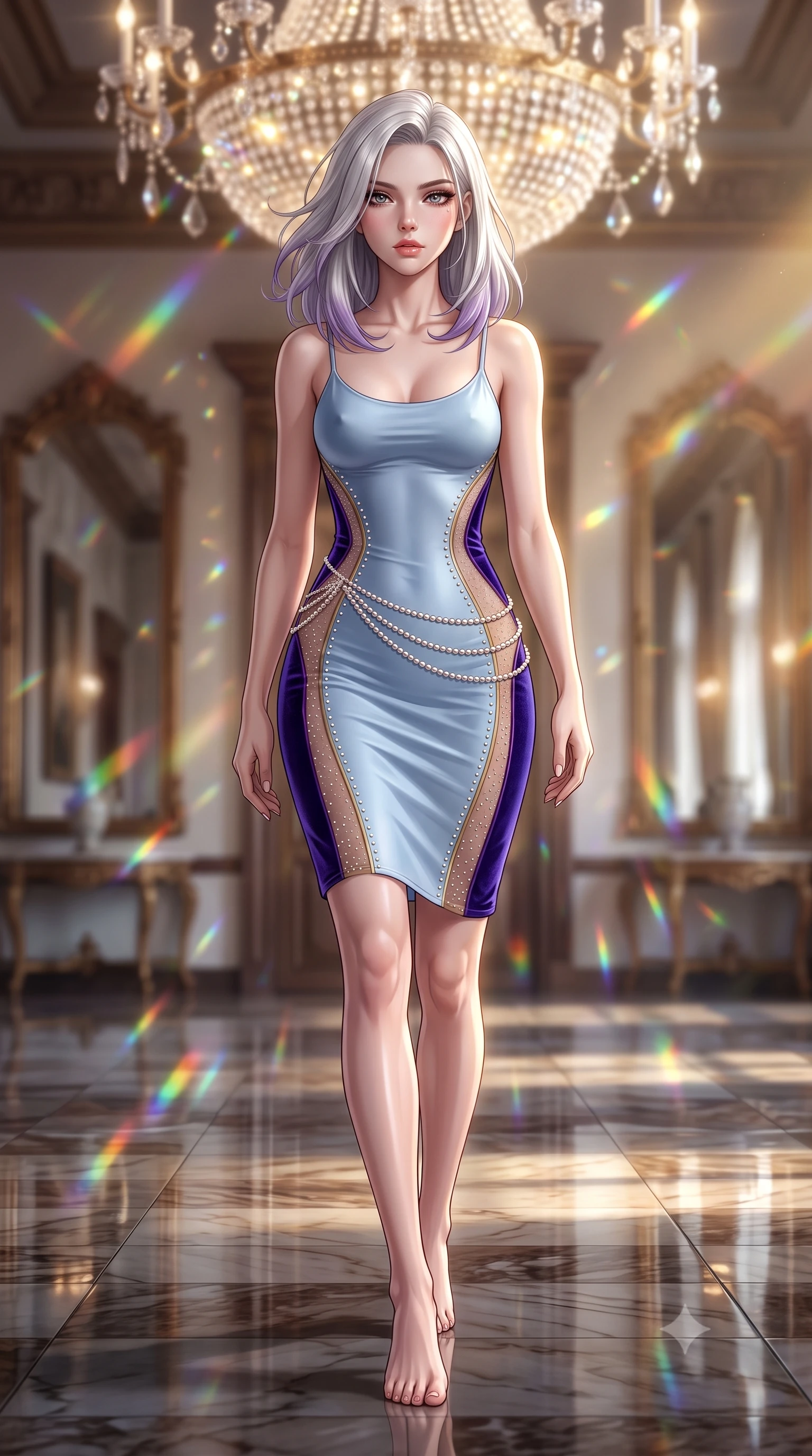 score_9, masterpiece, best quality, ultra-detailed, high-budget anime keyframe, semi-realistic 3D game render, editorial fashion photography, tasteful artistic composition, Caucasian woman. low angle full-body shot from head to toe showing her feet, filling the entire 9:16 vertical frame with her statuesque presence, stretching her vertical silhouette. striding forward in a proud supermodel runway stride, hips swaying in an alluring kinetic rhythm that accentuates her curvy hourglass silhouette while reclining on an antique blush silk chaise lounge with one knee drawn up, the dramatic contour of her rounded hips commanding the frame. The composition keeps background elements in soft focus with creamy bokeh. sparkling chandelier prism refractions scattering dancing rainbow light motes across the hall. She has an absolutely perfect, statuesque 8.5-heads proportion, an exceptionally tall and slender model-like female figure with impossibly long slender legs, a toned flat midriff, an ultra-slim waist, and beautifully sculpted feminine hips. sharp v-shaped jawline, high-bridge nose, intricate jewel-like eyes with depth, thick eyelashes, glossy parted lips with a natural sheen, intensely captivating and seductive bedroom-eyes expression, flawlessly proportioned anatomical accuracy, strict slender model proportions, natural body alignment, perfectly sculpted long slender limbs, ultra-slim waistline, clean dynamic posture without body distortion. wearing a second-skin powder-blue silk jersey slip dress with asymmetrical sheer mesh side panels in imperial royal purple velvet and antique gold, made of sheer contouring power-mesh with fine pearl flocking, accented with a multi-tiered pearl hip chain cascading over her curved silhouette, the liquid-tight tailored fabric clinging flawlessly to her narrow waist and rounded feminine hips, emphasizing every millimeter of her sculpted hourglass curves during movement. bathed in radiant golden chandelier illumination and multi-directional mirror reflections. highly saturated vibrant anime colors, detailed shading with soft gradients, rich glossy textures, high-contrast stereoscopic depth, volumetric dynamic lighting, master piece, 9:16 ratio