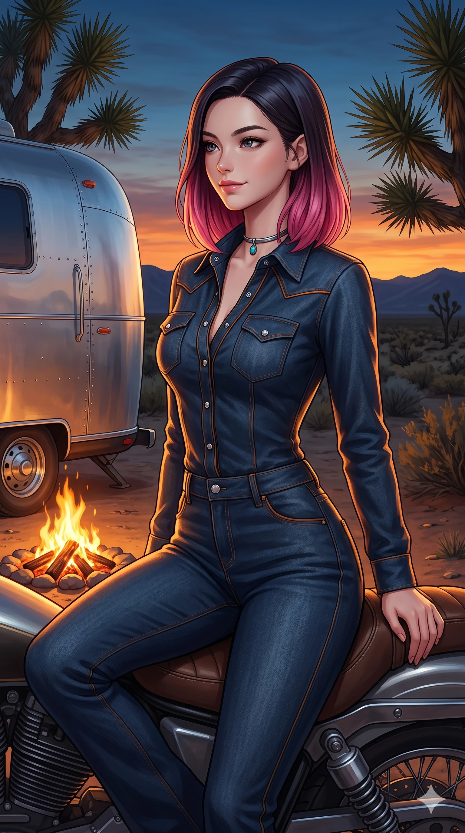 score_9, masterpiece, best quality, ultra-detailed, high-budget anime keyframe, semi-realistic 3D game render, editorial fashion photography, tasteful artistic composition, Korean woman. close-up cowboy shot from the waist and thighs up, the character dominates the composition, filling the frame with her large presence. perched sideways on the motorcycle saddle, one knee drawn up to showcase her slender leg line while her arched back accentuates her feminine hip curve while standing poised on the polished aluminum trailer steps, arching her lower back with sovereign supermodel grace while gazing out at the twilight desert. The surrounding environment is rendered in vivid detail and crisp panoramic clarity: sharp crackling mesquite wood coals, aluminum trailer rivet seams, and spiky Joshua tree leaves in deep focus. She has an exceptionally elegant, slender, and willowy female figure with an ultra-slim waist, flat toned midriff, narrow ribcage, and sculpted feminine hips creating an alluring, slim hourglass silhouette without bulk. sharp v-shaped jawline, high-bridge nose, sparkling eyes with hypnotic seductive depth, thick curled eyelashes, glossy parted lips with a natural dewy peach sheen, alluring bedroom-eyes with an enchanting coquettish smile, exuding magnetic siren charisma and sophisticated glamour, flawlessly proportioned anatomical accuracy, strict slender model proportions, natural body alignment, perfectly sculpted long slender limbs, ultra-slim waistline, clean dynamic posture without body distortion. wearing a bespoke tailored denim jumpsuit with structured collar and polished western pearl snap buttons in dark espresso leather and warm amber highlights, crafted from supple double-faced desert suede with an exceptionally soft matte finish, finished with a minimalist chrome choker and a single turquoise stone pendant, the impeccably tailored cut draping gracefully along her slender figure with aristocratic western poise. illuminated by aluminum trailer reflection bounce and sharp amber-gold rim lighting sculpting her jawline, flat midriff, and voluptuous hip curves. highly saturated vibrant anime colors, detailed shading with soft gradients, rich glossy textures, high-contrast stereoscopic depth, volumetric dynamic lighting, master piece, 9:16 ratio