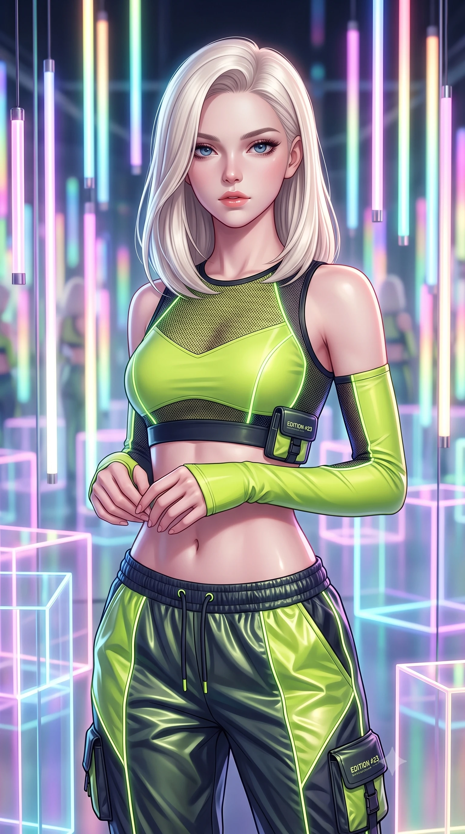 score_9, masterpiece, best quality, ultra-detailed, high-budget anime keyframe, semi-realistic 3D game render, editorial fashion photography, tasteful artistic composition, Caucasian woman. close-up cowboy shot from the waist and thighs up, the character dominates the composition, filling the frame with her large presence. holding her hands loosely in front with regal, aristocratic poise, radiating an overwhelming high-society aura while posing inside an avant-garde digital art gallery surrounded by glowing translucent acrylic cubes and suspended LED tubes. The composition keeps background elements in soft focus with creamy bokeh. infinite mirrored room reflections and glowing vertical LED strips blurred into psychedelic rainbow and pastel neon bokeh. She has an exceptionally elegant, slender, and willowy female figure with an ultra-slim waist, a gracefully sculpted slender torso, toned flat midriff, and a refined slim silhouette. sharp v-shaped jawline, high-bridge nose, intricate jewel-like eyes with depth, thick eyelashes, glossy lips with a natural sheen, captivating and magnetic expression, flawlessly proportioned anatomical accuracy, strict slender model proportions, natural body alignment, perfectly sculpted long slender limbs, ultra-slim waistline, clean dynamic posture without body distortion. wearing a sporty Y2K mesh-paneled crop top with asymmetrical sleeve warmers and low-slung metallic track pants in acid lime green and dark obsidian, made of breathable technical athletic mesh and liquid-finish track nylon, finished with glowing fiber-optic seam piping and miniature utility pouches edition #23, the sleek tailored cut tightly hugging her graceful clavicle, narrow waist, and feminine curves with statuesque precision. surrounded by a cutting-edge, avant-garde, and mesmerizingly stylish future-fashion muse aura. highly saturated vibrant anime colors, detailed shading with soft gradients, rich glossy textures, high-contrast stereoscopic depth, volumetric dynamic lighting, master piece, 9:16 ratio