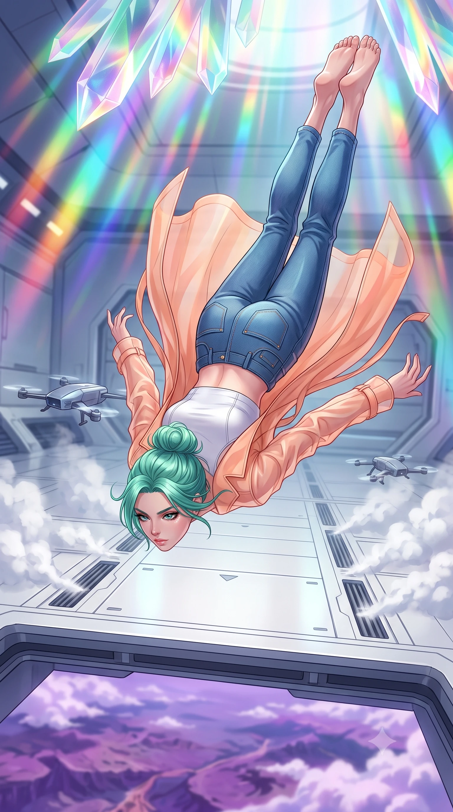 score_9, masterpiece, best quality, ultra-detailed, high-budget anime keyframe, editorial fashion photography, tasteful artistic composition, Japanese woman. low angle full-body shot from head to toe showing her feet, filling the entire 9:16 vertical frame with her statuesque presence, stretching her vertical silhouette. leaping off a launching drop-ship, diving headfirst toward the cloud tops of an alien world through a sterile hangar bay with white floor panels where cargo drones are landing, automatic steam cleaning nozzles firing. She has a statuesque 8.5-heads proportion, an exceptionally tall, slender and willowy model-like build with impossibly long legs and a highly sculpted ultra-slim waist. sharp v-shaped jawline, high-bridge nose, intricate jewel-like eyes with depth, thick eyelashes, glossy lips with a natural sheen. wearing tailored for maximum mobility, sleek form-contouring panels that allow fluid movement, a slim-fit sheer peach organza trench coat worn open over a white crop top and high-waisted raw denim jeans. highly saturated vibrant anime colors, intense vivid color palette, soft 3D volumetric shading, volumetric dynamic lighting, cascading rainbow prismatic light refracting through crystal formations overhead. 2k, ultra detail, master piece, 9:16 ratio