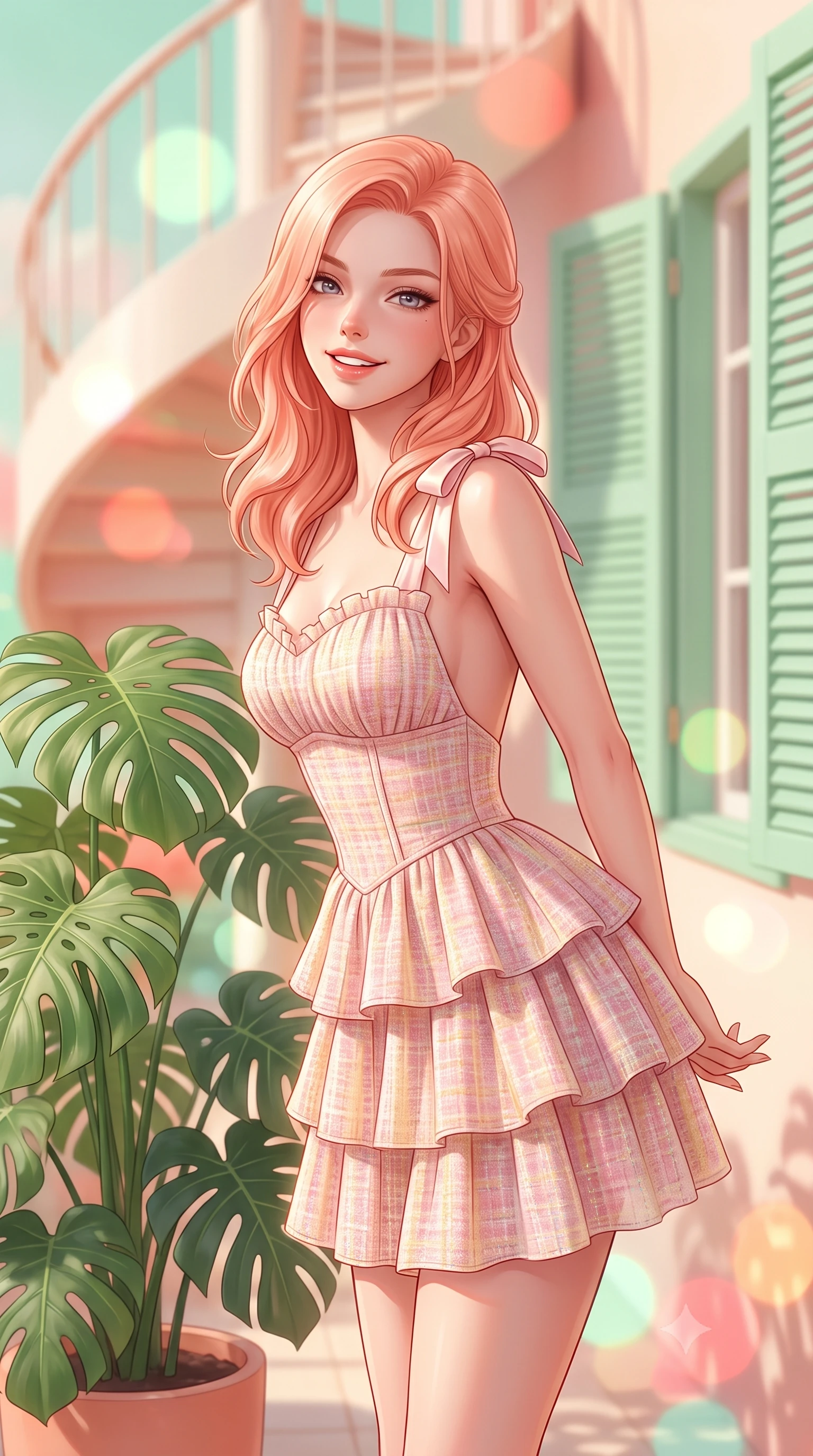 score_9, masterpiece, best quality, ultra-detailed, high-budget anime keyframe, semi-realistic 3D game render, editorial fashion photography, tasteful artistic composition, Japanese woman. close-up cowboy shot from the waist and thighs up, the character dominates the composition, filling the frame with her large presence. resting both hands lightly behind her back while leaning toward the lens with a cheerful, teasing grin, her form-fitting outfit hugging her narrow waist and feminine hip curve while standing poised beside giant potted monsteras on the sunlit terrace, twisting her slender torso in an alluring contrapposto stance. The composition keeps background elements in soft focus with dreamy creamy bokeh. curved art deco spiral staircases, pastel green window shutters, and lush potted tropical foliage blurred into mint, coral, and cream bokeh. She has an exceptionally elegant, slender, and willowy female figure with an ultra-slim waist, flat toned midriff, narrow ribcage, and sculpted feminine hips creating an alluring, slim hourglass silhouette without bulk. sharp v-shaped jawline, high-bridge nose, intricate jewel-like sparkling eyes with depth, thick eyelashes, glossy parted lips with a natural peach sheen, bright cheerful beaming smile with an enchanting and coquettish sensual glint, exuding both youthful cute charm and seductive allure, flawlessly proportioned anatomical accuracy, strict slender model proportions, natural body alignment, perfectly sculpted long slender limbs, ultra-slim waistline, clean dynamic posture without body distortion. wearing a tiered ruffled chiffon mini dress with a fitted corseted waist and open back in sweet strawberry milk pink and butter yellow, tailored from soft pastel tweed with subtle metallic shimmer, finished with cute satin bow ribbons tying at the shoulders, the form-contouring cut accentuating her sculpted flat midriff, narrow delicate ribcage, and gracefully curvy hips with supermodel precision. illuminated by soft wall bounce light sharply sculpting her razor-sharp jawline, narrow waist, and curvy hips. highly saturated vibrant anime colors, detailed shading with soft gradients, rich glossy textures, high-contrast stereoscopic depth, volumetric dynamic lighting, master piece, 9:16 ratio