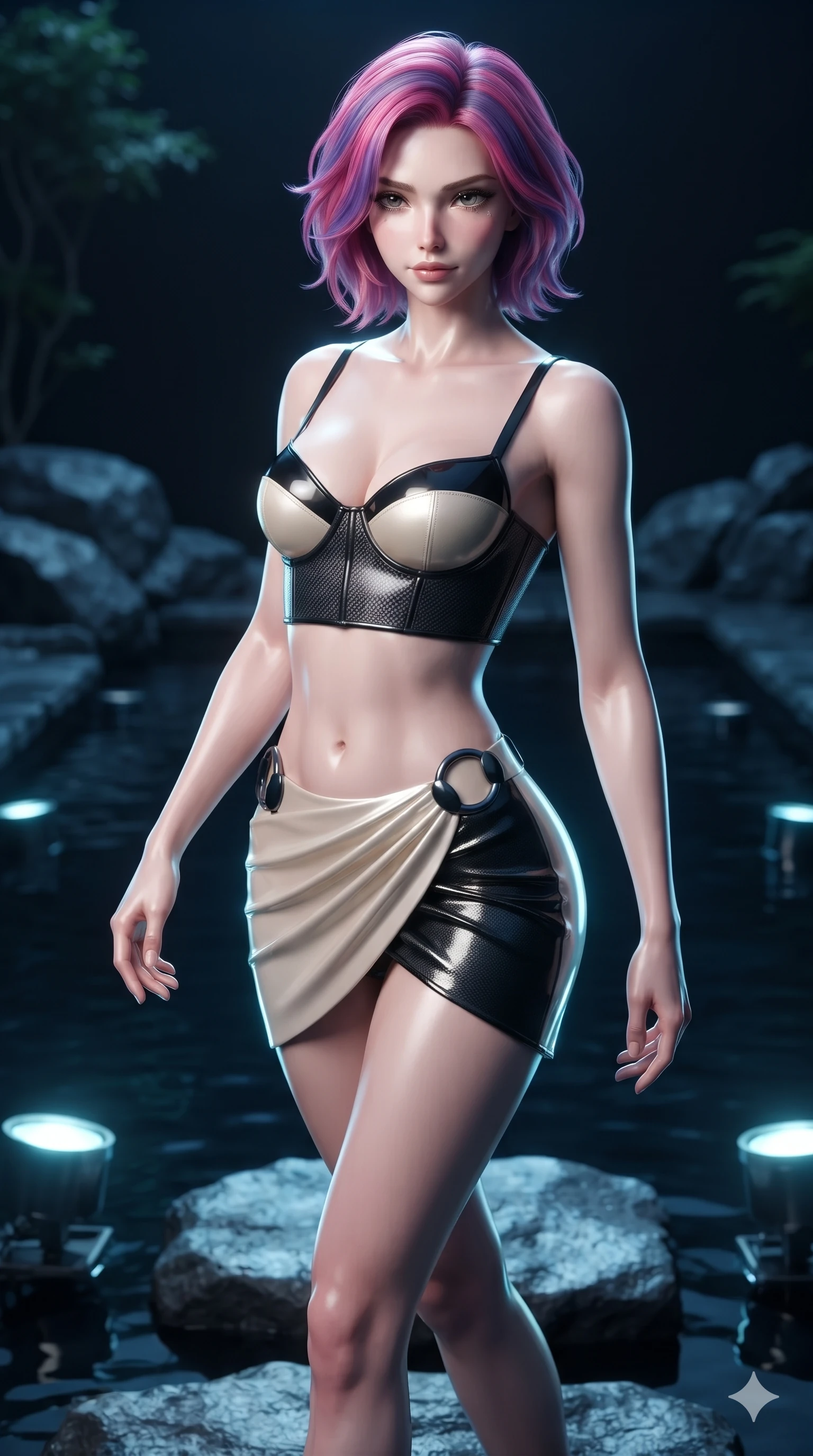 score_9, masterpiece, best quality, ultra-detailed, high-budget anime keyframe, editorial fashion photography, tasteful artistic composition, Caucasian woman. close-up cowboy shot from the waist and thighs up, the character dominates the composition, filling the frame with her large presence. twisting her slender torso in a deep contrapposto stance, hips dramatically shifted to accentuate her feminine curves while stepping gracefully from stone to stone across the midnight water garden, hips swaying in an alluring sensual rhythm. The surrounding environment is rendered in vivid detail and crisp panoramic clarity: sharp wet basalt rock grain, submerged stainless steel light housings, and pristine water surface reflections in deep focus. She has an exceptionally elegant, slender, and willowy female figure with an ultra-slim waist, flat toned midriff, narrow ribcage, and sculpted feminine hips creating an alluring, slim hourglass silhouette without bulk. sharp v-shaped jawline, high-bridge nose, intricate jewel-like dark sparkling eyes with hypnotic seductive depth, thick curled eyelashes, glossy parted lips with a natural wine sheen, alluring bedroom-eyes with an enigmatic smoldering smile, exuding magnetic sovereign charisma and dark avant-garde glamour, flawlessly proportioned anatomical accuracy, strict slender model proportions, natural body alignment, perfectly sculpted long slender limbs, ultra-slim waistline, clean dynamic posture without body distortion. wearing a structured underwire leather bustier top paired with an ultra-short draped wrap mini skirt in celestial champagne ivory and high-gloss jet black, woven from matte carbon-fiber weave with high-tech structural hold, accented with sculpted obsidian chrome rings at the waist, the form-fitting cut adhering flawlessly to her sculpted flat midriff and slender torso, emphasizing her long leg lines and perfectly proportioned willowy build. illuminated by water reflection upward bounce and sharp electric-cyan rim lights defining her razor-sharp jawline, narrow waist, and curvy hips. ultra-reflective glossy finish, specular highlights, metallic sheen, high-contrast stereoscopic depth, volumetric dynamic lighting, 2k, ultra detail, master piece, 9:16 ratio