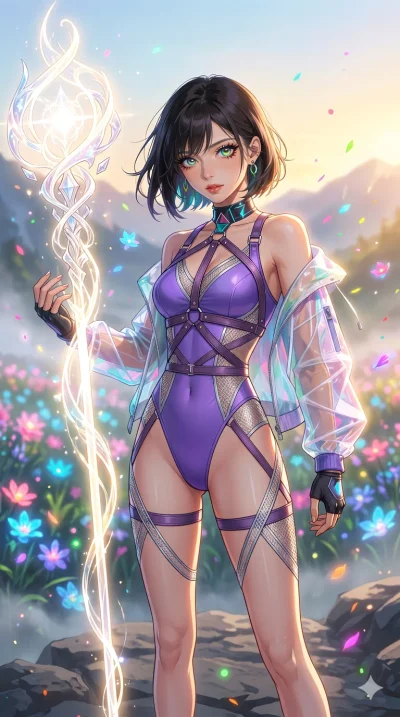 score_9, masterpiece, best quality, ultra-detailed, High-budget Anime Keyframe, beautiful Caucasian anime girl (strictly human ears). Upper body close-up from the thighs up, character filling the screen for maximum presence. Summoning a staff of ligh