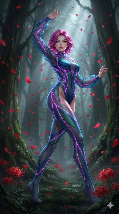 score_9, masterpiece, best quality, ultra-detailed, High-budget Anime Keyframe, East Asian woman. Low angle cowboy shot filling the entire 9:16 frame with her statuesque presence. Scenario 65: Dancing amidst falling red spider lilies in a misty dark 