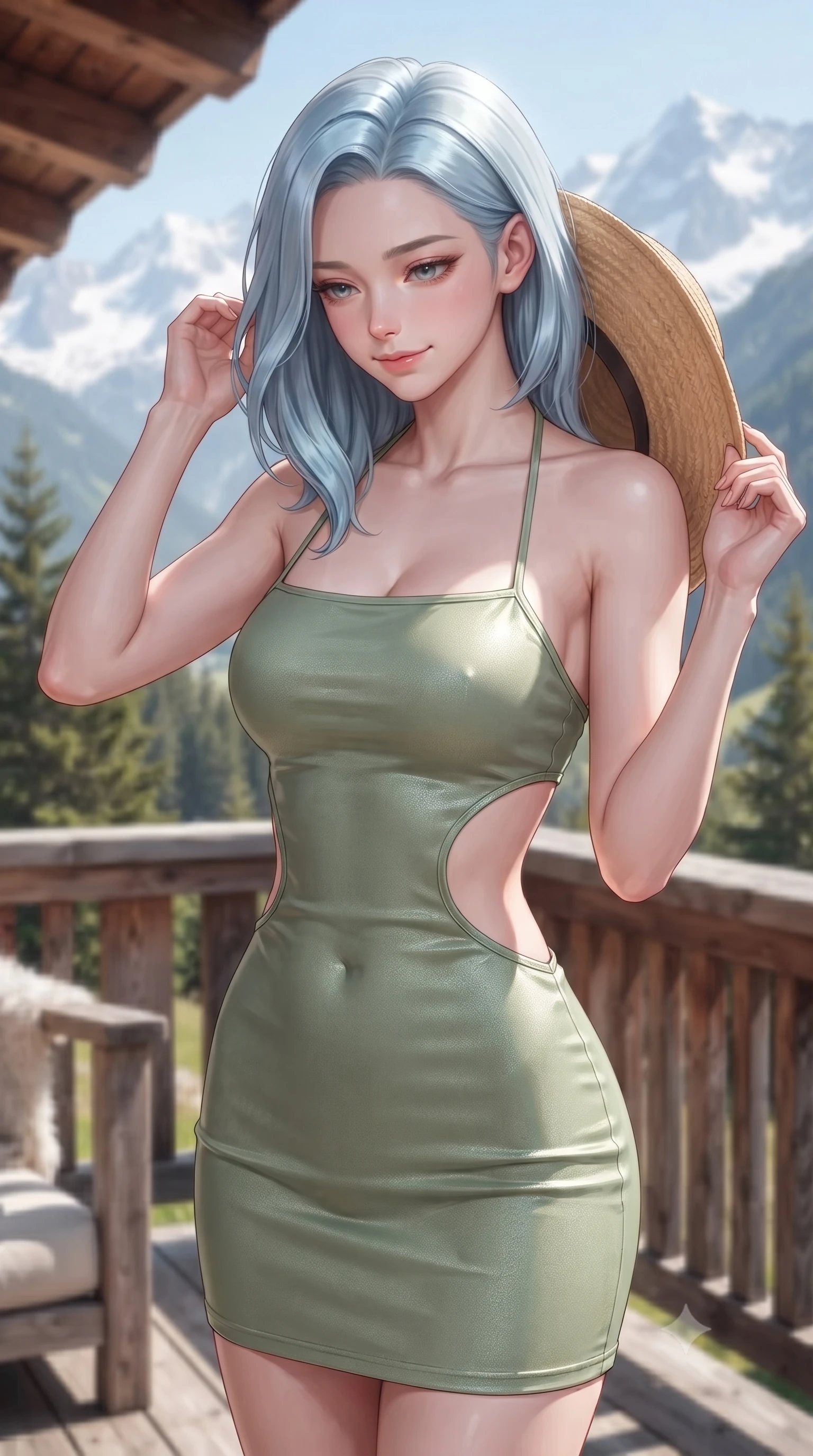 score_9, masterpiece, best quality, ultra-detailed, high-budget anime keyframe, editorial fashion photography, tasteful artistic composition, Korean woman woman. close-up cowboy shot from the waist and thighs up, the character dominates the composition, filling the frame with her large presence, background elements kept in soft focus. holding a wide-brimmed straw hat with both hands against the breeze, looking down with a soft smile the background shows a soft-focus a wooden balcony of a luxury mountain lodge, facing majestic snow-capped peaks. She has an exceptionally elegant, slender, and willowy female figure with an ultra-slim waist, a gracefully sculpted slender torso, and a refined silhouette. sharp v-shaped jawline, high-bridge nose, intricate jewel-like eyes with depth, thick eyelashes, glossy lips with a natural sheen. wearing a slim-fit summer sundress in sage green with a dramatic side cutout at the waist and thin halter straps. bright morning alpine sun highlighting the white snow and green pine trees. ultra-reflective glossy finish, specular highlights, metallic sheen, high-contrast stereoscopic depth, volumetric dynamic lighting, 2k, ultra detail, master piece, 9:16 ratio