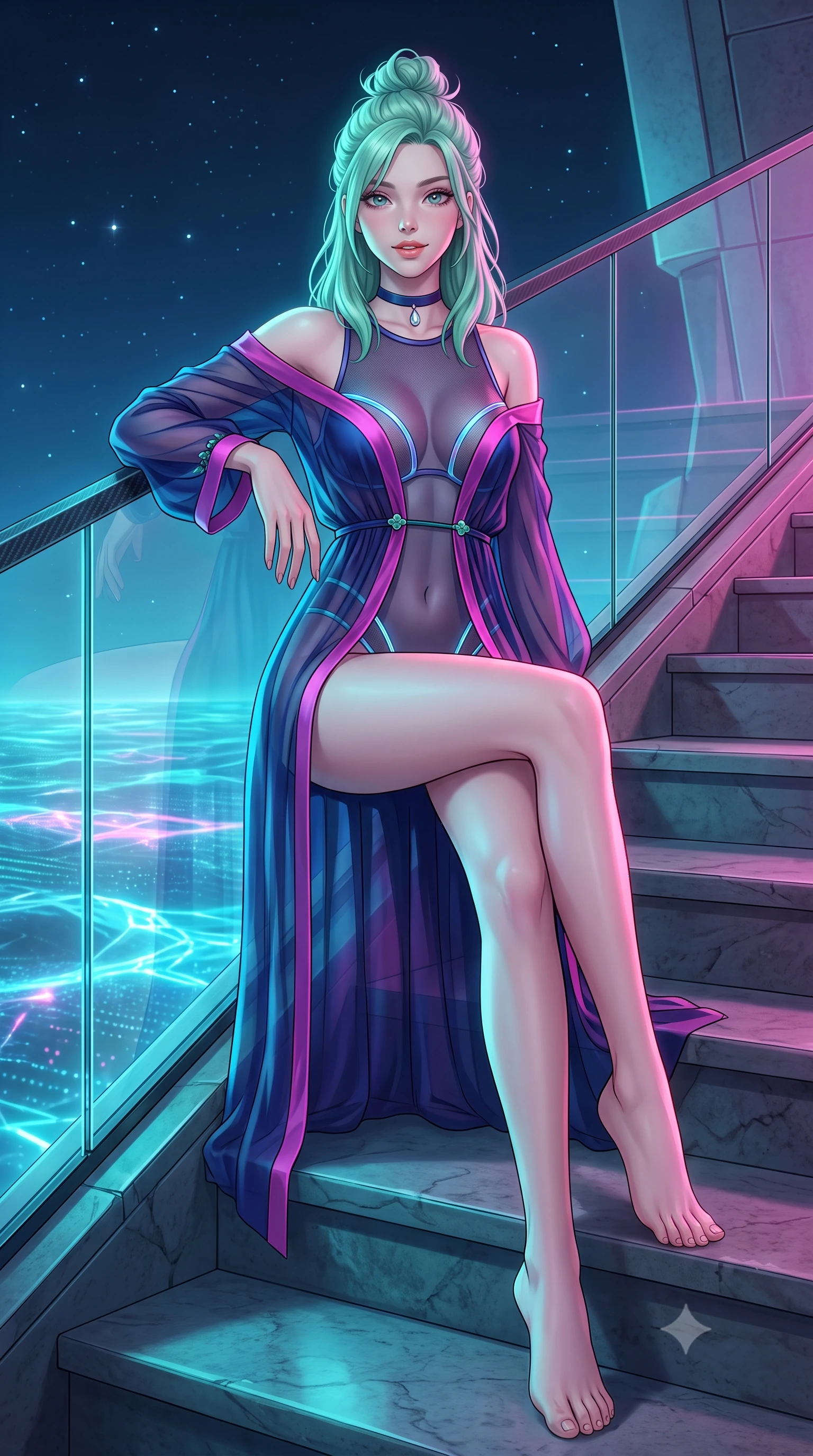 score_9, masterpiece, best quality, ultra-detailed, high-budget anime keyframe, semi-realistic 3D game render, editorial fashion photography, tasteful artistic composition, Japanese woman. low angle full-body shot from head to toe showing her feet, filling the entire 9:16 vertical frame with her statuesque presence, stretching her vertical silhouette. sitting poised on the stone steps with one knee bent, arching her spine with supermodel elegance as she glances upward through thick eyelashes while leaning against the transparent carbon-fiber balustrade with hips cocked back, casting an intoxicating smoldering bedroom-gaze over the holographic sea. The surrounding environment is rendered in vivid detail and crisp panoramic clarity: detailed cyber-mesh sheer bodysuit with luminescent holographic fiber piping, and advanced aerospace architecture in razor-sharp precision. She has an exceptionally tall and slender model-like 8.5-heads proportion, an ultra-slim waist, a flat toned midriff, narrow delicate ribcage, and beautifully sculpted feminine hips creating a graceful, slim hourglass silhouette without any bulky heaviness, with impossibly long slender legs. sharp v-shaped jawline, high-bridge nose, intricate jewel-like sparkling eyes with depth, thick eyelashes, glossy parted lips with a natural peach sheen, bright cheerful beaming smile with an enchanting and coquettish sensual glint, exuding both youthful cute charm and seductive allure, flawlessly proportioned anatomical accuracy, strict slender model proportions, natural body alignment, perfectly sculpted long slender limbs, ultra-slim waistline, clean dynamic posture without body distortion. wearing an alluring semi-sheer silk chiffon boudoir peignoir slipping off bare shoulders with delicate jade button accents in Huangpu midnight sapphire and neon magenta, made of fluid liquid jersey with seamless sculpting hold and smooth contours, finished with a thin velvet ribbon choker and a single teardrop diamond pendant, the second-skin tailored fabric adhering flawlessly to her sculpted flat midriff and slender torso, emphasizing her long leg lines and perfectly proportioned willowy build. bathed in the dramatic cyan-and-magenta ambient of holographic sea projections contrasted with cool starlight. highly saturated vibrant anime colors, detailed shading with soft gradients, rich glossy textures, high-contrast stereoscopic depth, volumetric dynamic lighting, master piece, 9:16 ratio