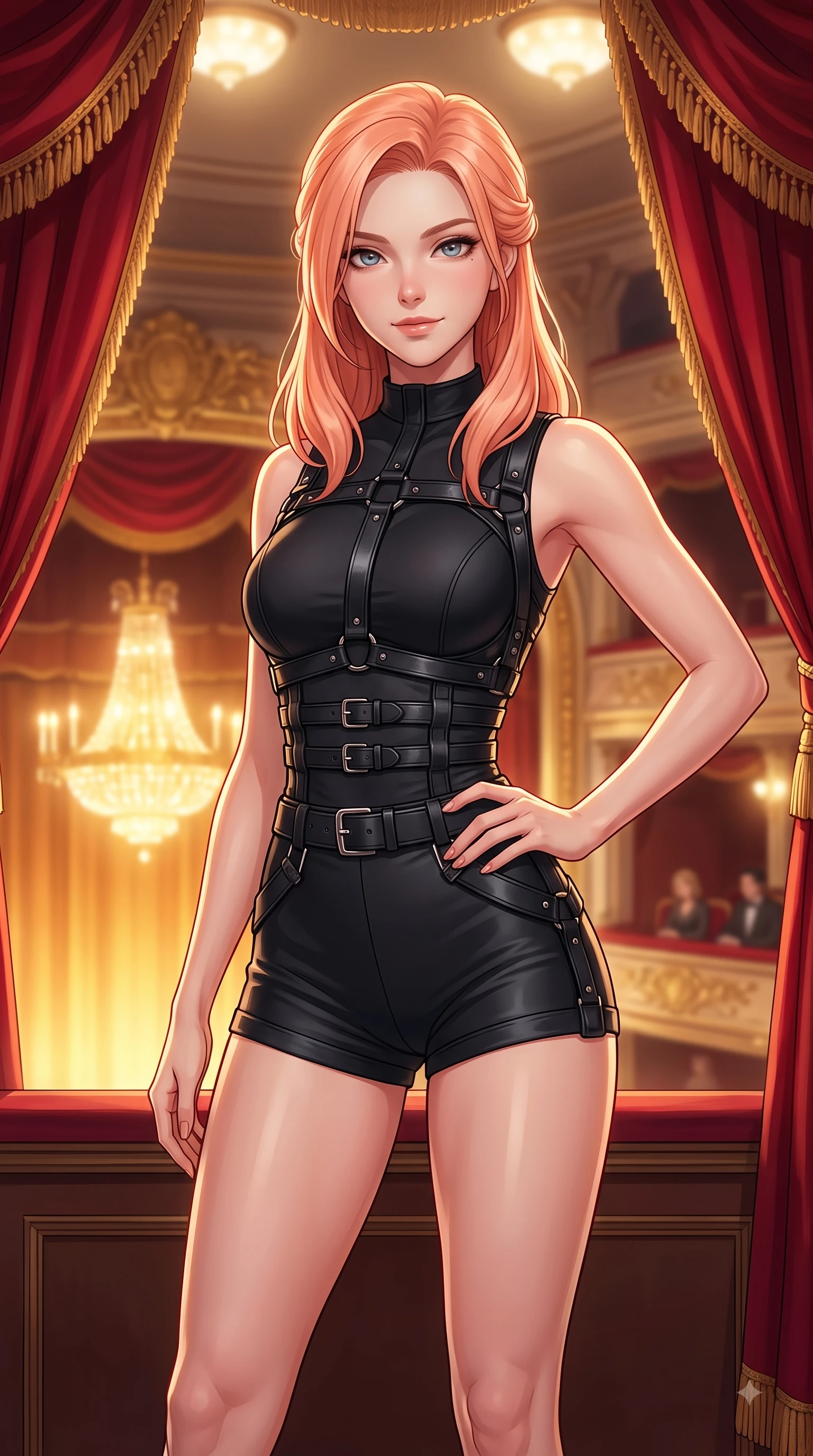 score_9, masterpiece, best quality, ultra-detailed, high-budget anime keyframe, editorial fashion photography, tasteful artistic composition, Japanese woman woman. close-up cowboy shot from the waist and thighs up, the character dominates the composition, filling the frame with her large presence, background elements kept in soft focus. She has an exceptionally elegant, slender, and willowy female figure with an ultra-slim waist, a gracefully sculpted slender torso, and a refined silhouette. smiling with quiet, magnetic self-assurance directly into the camera lens, flawlessly proportioned anatomical accuracy, natural body alignment, perfectly sculpted elegant limbs, clean dynamic posture without body distortion. set against a soft-focus background of a VIP theater box suite draped in red silk velvet and gold trim. wearing a black structured leather harness over a fitted second-skin micro-shorts set. bathed in warm golden chandelier light from the grand theater stage below. highly saturated vibrant anime colors, detailed shading with soft gradients, rich glossy textures, high-contrast stereoscopic depth, volumetric dynamic lighting, master piece, 9:16 ratio