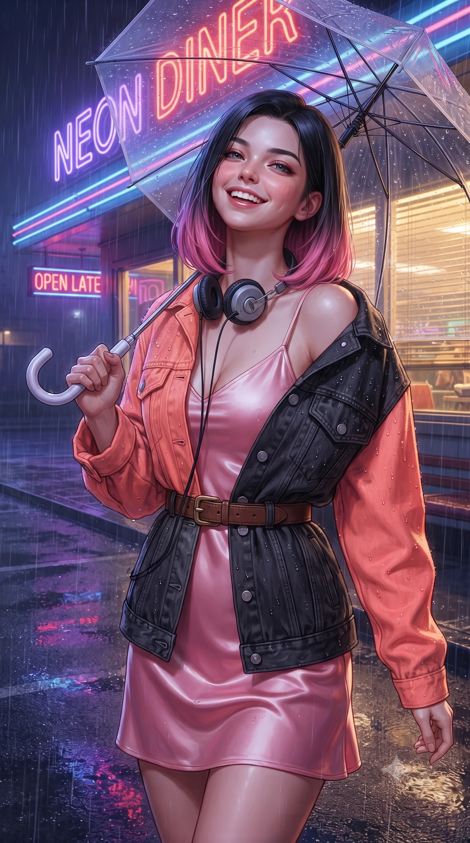 score_9, masterpiece, best quality, ultra-detailed, high-budget anime keyframe, editorial fashion photography, tasteful artistic composition, Korean woman. close-up cowboy shot from the waist and thighs up, the character dominates the composition, filling the frame with her large presence. tilting her chin up with proud, sovereign confidence while gazing directly into the lens with thick, dark eyelashes while standing under the neon diner awning shaking raindrops from her umbrella with a sweet, radiant laugh. The surrounding environment is rendered in vivid detail and crisp panoramic clarity. crisp neon tube lettering, distinct raindrop beads on leather jacket, and wet asphalt textures in deep focus. She has an exceptionally elegant, slender, and willowy female figure with an ultra-slim waist, a gracefully sculpted slender torso, toned flat midriff, and a refined slim silhouette. sharp v-shaped jawline, high-bridge nose, intricate jewel-like eyes with depth, thick eyelashes, glossy lips with a natural sheen, captivating and magnetic expression, flawlessly proportioned anatomical accuracy, strict slender model proportions, natural body alignment, perfectly sculpted long slender limbs, ultra-slim waistline, clean dynamic posture without body distortion. wearing a romantic 90s silk satin slip dress layered under an unbuttoned vintage oversized denim jacket in retro neon coral and washed black denim, woven from soft breathable linen that flutters gently with every step, accessorized with a classic leather belt with brass buckle and retro on-ear foam headphones, the glove-like aerodynamic second-skin fit tightly clinging to her ultra-slender waist and athletic curves without adding bulk, accentuating her razor-sharp statuesque lines and slim hourglass silhouette. illuminated by warm golden diner window key light sculpting her cheekbones and joyful expression. ultra-reflective glossy finish, specular highlights, rich textural contrasts, high-contrast stereoscopic depth, volumetric dynamic lighting, 2k, ultra detail, master piece, 9:16 ratio
