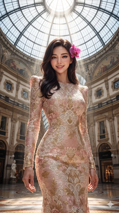 Korean woman. smiling with quiet, magnetic self-assurance directly into the camera, her sculpted waistline catching specular highlights while standing in the center of the circular marble rotunda beneath the soaring dome skylight, arching her spine with breathless statuesque poise. The surrounding environment is rendered in vivid detail and...
