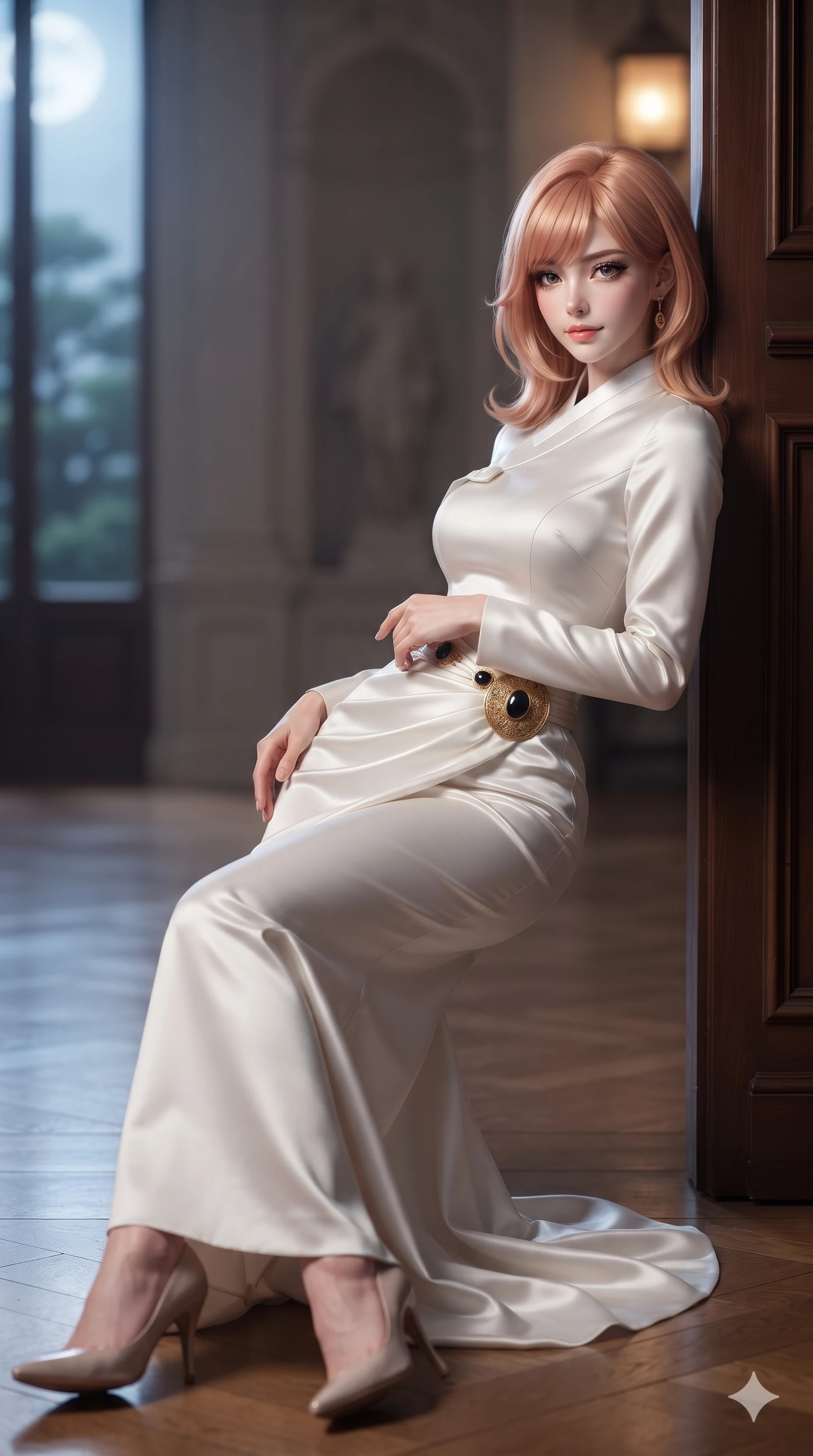 score_9, masterpiece, best quality, ultra-detailed, high-budget anime keyframe, editorial fashion photography, tasteful artistic composition, Japanese woman. low angle full-body shot from head to toe showing her feet, filling the entire 9:16 vertical frame with her statuesque presence, stretching her vertical silhouette. reclining on her side in an elegant Cleopatra pose with one knee drawn up, the dramatic contour of her rounded hips and long slender legs commanding the 9:16 vertical frame while leaning against the polished timber doorframe with hips cocked back, looking through dark curled eyelashes with an enchanting smile. The background shows a soft-focus classical palace gallery softened in architectural frame shallow focus. She has an absolutely perfect, statuesque 8.5-heads proportion, an exceptionally tall and slender model-like female figure with impossibly long slender legs, an ultra-slim waist, a flat toned midriff, narrow delicate ribcage, and beautifully sculpted feminine hips creating a graceful, slim hourglass silhouette without any bulky heaviness. sharp v-shaped jawline, high-bridge nose, sparkling eyes with hypnotic seductive depth, thick curled eyelashes, glossy parted lips with a natural dewy peach sheen, alluring bedroom-eyes with an enchanting coquettish smile, exuding magnetic siren charisma and sophisticated glamour, flawlessly proportioned anatomical accuracy, strict slender model proportions, natural body alignment, perfectly sculpted long slender limbs, ultra-slim waistline, clean dynamic posture without body distortion. wearing a tailored silk faille evening gown with traditional curved dongjeong collar and tailored sleeves in celestial pearl white and moonlight platinum, tailored from heavy double-faced silk faille with an exceptionally fluid drape, accented with an authentic engraved gold medallion and obsidian cabochons, the impeccably tailored cut draping gracefully along her slender figure with aristocratic eastern poise. bathed in dual lighting: cool silver moonlight from the exterior garden contrasting with warm 2700K lantern glow from within. ultra-reflective glossy finish, specular highlights, rich textural contrasts, high-contrast stereoscopic depth, volumetric dynamic lighting, 2k, ultra detail, master piece, 9:16 ratio
