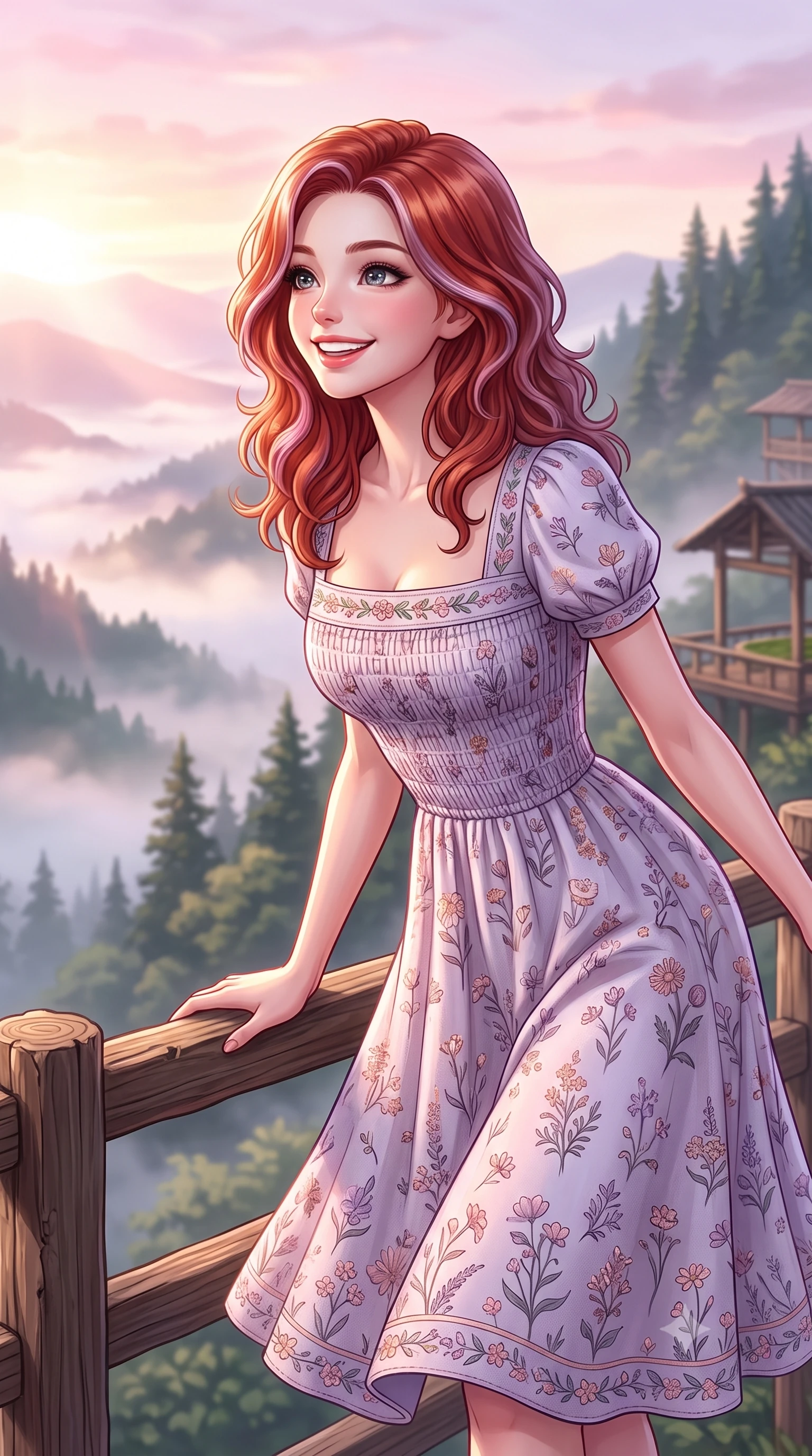 score_9, masterpiece, best quality, ultra-detailed, high-budget anime keyframe, semi-realistic 3D game render, editorial fashion photography, tasteful artistic composition, Caucasian woman. close-up cowboy shot from the waist and thighs up, the character dominates the composition, filling the frame with her large presence. radiating a joyful bright smile with sparkling jewel-like eyes and pure charming energy, leaning forward with playful grace while gazing across layers of misty mountain ridges with sparkling, hopeful eyes and a radiant expression. The composition keeps background elements in soft focus with creamy bokeh. distant pine-covered mountain peaks and rustic tea drying pavilions softened in atmospheric depth. She has an exceptionally elegant, slender, and willowy female figure with an ultra-slim waist, a gracefully sculpted slender torso, toned flat midriff, and a refined slim silhouette. sharp v-shaped jawline, high-bridge nose, intricate jewel-like eyes with depth, thick eyelashes, glossy lips with a natural sheen, pure and lovely fresh girlhood expression, flawlessly proportioned anatomical accuracy, strict slender model proportions, natural body alignment, perfectly sculpted long slender limbs, ultra-slim waistline, clean dynamic posture without body distortion. wearing a sweet square-neck smocked midi dress decorated with delicate wildflower patterns in subtle lilac violet and soft rose gold, made of comfortable premium stretch denim and airy cotton-jersey, complemented by subtle floral embroidery along the neckline and hem, the tailored casual silhouette highlighting her fresh and youthful presence and perfectly proportioned slender frame. bathed in soft pastel pink and golden dawn sunrise light breaking through rolling morning mist. highly saturated vibrant anime colors, detailed shading with soft gradients, rich glossy textures, high-contrast stereoscopic depth, volumetric dynamic lighting, master piece, 9:16 ratio