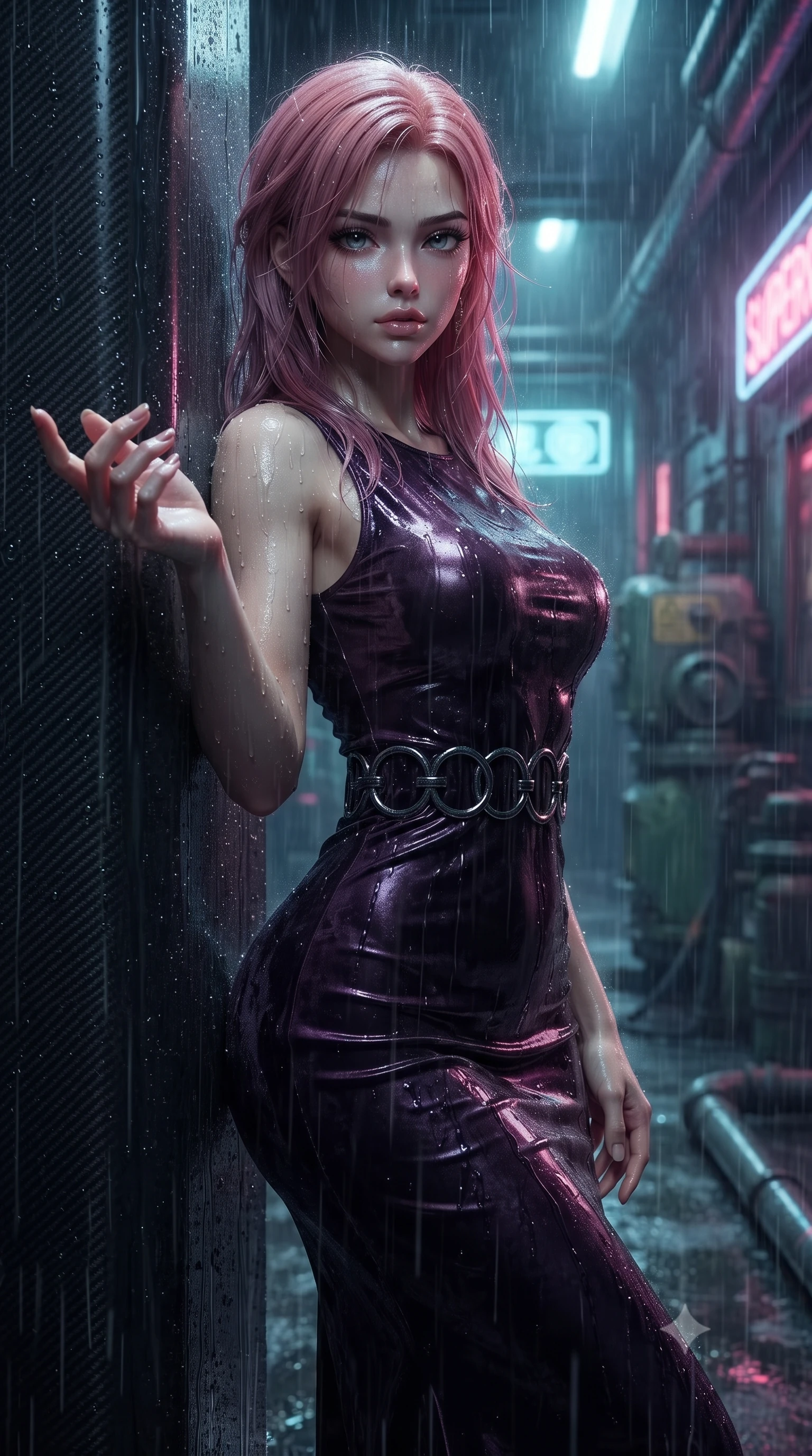 score_9, masterpiece, best quality, ultra-detailed, high-budget anime keyframe, editorial fashion photography, tasteful artistic composition, Japanese woman. close-up cowboy shot from the waist and thighs up, the character dominates the composition, filling the frame with her large presence, background elements kept in soft focus. Reaching one hand toward the viewer with relaxed dark elegance, resting against a dark carbon-fiber pillar in a rain-soaked industrial corridor, torrential neon-lit rain droplets streaming down her dark outfit. She has an exceptionally elegant, slender, and willowy female figure with an ultra-slim waist, a gracefully sculpted slender torso, and a refined silhouette. sharp v-shaped jawline, high-bridge nose, intricate jewel-like eyes with depth, thick eyelashes, glossy lips with a natural sheen. wearing fitted liquid mercury jersey maxi dress hugging every curve in dark plum violet, made of crushed dark silk velvet, accented with sculpted obsidian chrome rings at the waist, accentuating her gracefully sculpted slender torso. bathed in high-contrast wet neon reflections and deep pitch-black shadows. ultra-reflective glossy finish, specular highlights, metallic sheen, high-contrast stereoscopic depth, volumetric dynamic lighting, 2k, ultra detail, master piece, 9:16 ratio