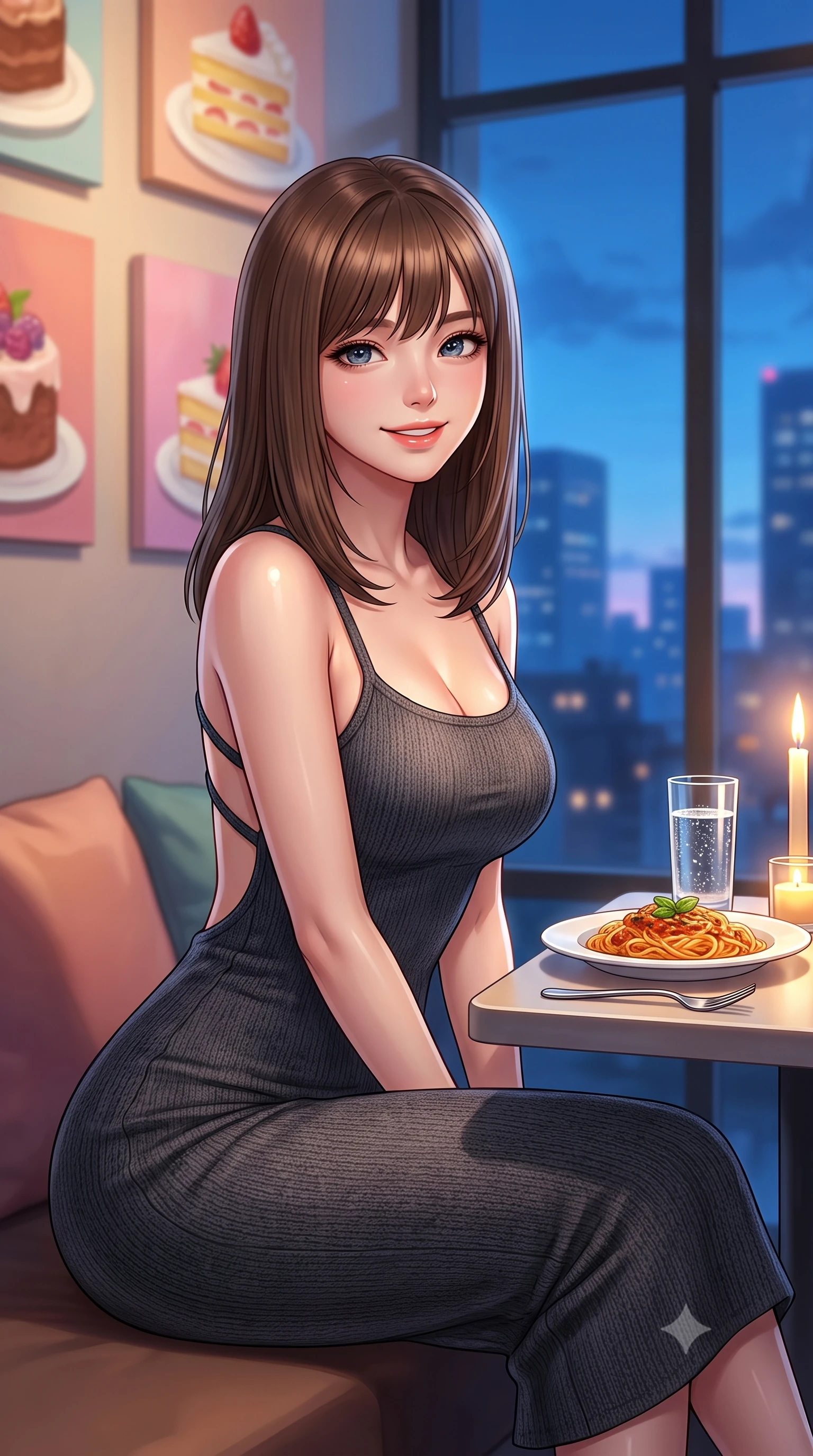 score_9, masterpiece, best quality, ultra-detailed, high-budget anime keyframe, editorial fashion photography, tasteful artistic composition, Korean woman. close-up cowboy shot from the waist and thighs up, the character dominates the composition, filling the frame with her large presence, background elements kept in soft focus. gazing at the camera with a warm, lovely smile and cute, friendly eye contact set against a soft-focus background of in a cozy dessert cafe corner decorated with colorful cake paintings with a plate of delicious pasta and a glass of sparkling water on the table. She has an exceptionally elegant, slender, and willowy female figure with an ultra-slim waist, a gracefully sculpted slender torso, and a refined silhouette. sharp v-shaped jawline, high-bridge nose, intricate jewel-like eyes with depth, thick eyelashes, glossy lips with a natural sheen. wearing slim-fit body-hugging knit midi dress with a tasteful open-back design and thin straps. soft candle light clashing with the cool blue city twilight sky outside. ultra-reflective glossy finish, specular highlights, metallic sheen, high-contrast stereoscopic depth, volumetric dynamic lighting, 2k, ultra detail, master piece, 9:16 ratio