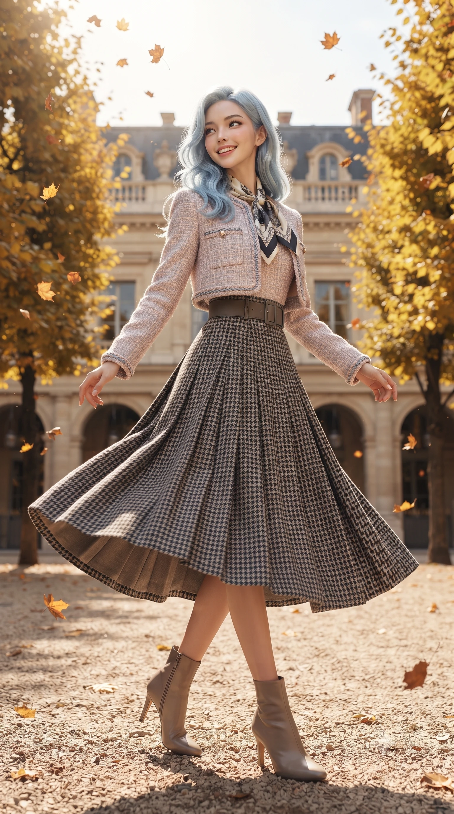 score_9, masterpiece, best quality, ultra-detailed, high-budget anime keyframe, editorial fashion photography, tasteful artistic composition, Korean woman. low angle full-body shot from head to toe showing her feet, filling the entire 9:16 vertical frame with her statuesque presence, stretching her vertical silhouette. executing an elegant pivot turn as the hem of her pleated wool skirt sways rhythmically, glancing back with joyful radiance while standing in the sun-dappled courtyard among golden manicured linden trees, watching autumn leaves flutter down with serene delight. The surrounding environment is rendered in vivid detail and crisp panoramic clarity: detailed double-faced wool coat texture, horn button accents, and classical French monumental architecture in razor-sharp precision. She has an exceptionally tall and slender model-like 8.5-heads proportion, an ultra-slim waist, a flat toned midriff, narrow delicate ribcage, and beautifully sculpted feminine hips creating a graceful, slim hourglass silhouette without any bulky heaviness, with impossibly long slender legs. sharp v-shaped jawline, high-bridge nose, intricate jewel-like sparkling eyes with depth, thick eyelashes, glossy parted lips with a natural peach sheen, bright cheerful beaming smile with an enchanting and coquettish sensual glint, exuding both youthful cute charm and seductive allure, flawlessly proportioned anatomical accuracy, strict slender model proportions, natural body alignment, perfectly sculpted long slender limbs, ultra-slim waistline, clean dynamic posture without body distortion. wearing a collarless pastel bouclé tweed jacket with braided trims paired with a coordinating high-waisted A-line midi skirt in classic Savile Row charcoal houndstooth and crisp ivory, woven from fine Australian merino wool with a smooth fluid drape and subtle sheen, finished with a printed silk twilly scarf knotted gracefully around her neck, the structured cinched belt emphasizing her narrow waistline and gracefully balanced proportions with timeless haute-couture polish. illuminated by pale gravel courtyard bounce and sharp warm-gold rim lights defining her cheekbones and statuesque model proportions. ultra-reflective glossy finish, specular highlights, rich textural contrasts, high-contrast stereoscopic depth, volumetric dynamic lighting, 2k, ultra detail, master piece, 9:16 ratio