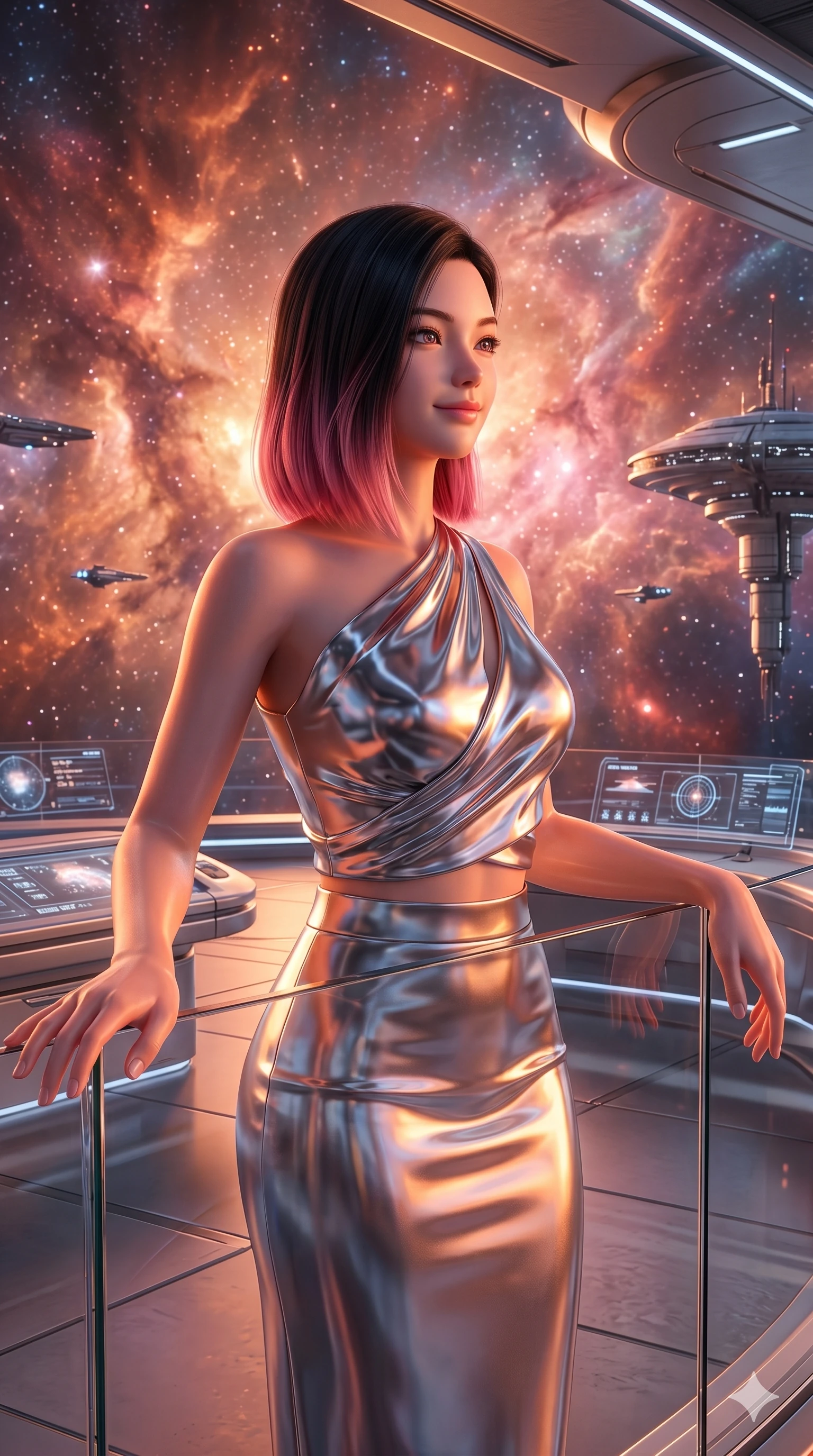 score_9, masterpiece, best quality, ultra-detailed, high-budget anime keyframe, semi-realistic 3D game render, Korean woman. Upper body close-up from the thighs up, character filling the screen for maximum presence. On a luxury space station terrace overlooking a cosmic dust cloud, resting her arms on the glass barrier, looking out with a peaceful smile. She is wearing an asymmetrical wrap top in liquid-chrome finish and a high-waisted skirt. The scene is drenched in the vibrant orange and pink light of the stellar nebula. 2k, ultra detail, master piece, 9:16 ratio