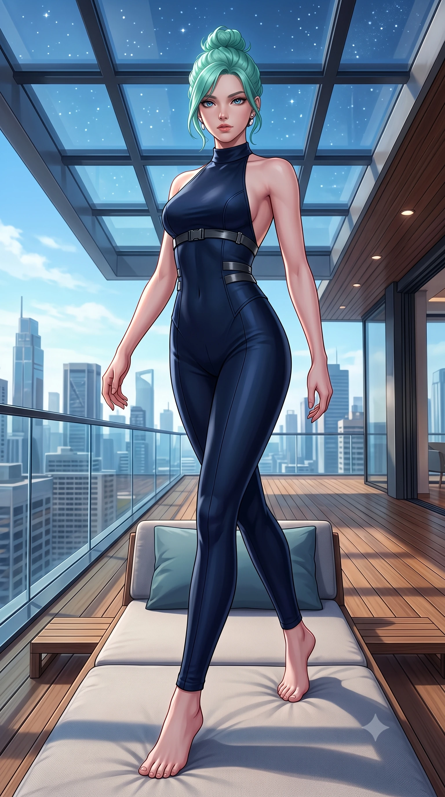 score_9, masterpiece, best quality, ultra-detailed, high-budget anime keyframe, semi-realistic 3D game render, editorial fashion photography, tasteful artistic composition, Japanese woman. low angle full-body shot from head to toe showing her feet, filling the entire 9:16 vertical frame with her statuesque presence, stretching her vertical silhouette. striding forward in a proud, dynamic supermodel runway stride, her statuesque vertical silhouette commanding the entire frame while arching her spine in a relaxed yet alluring pose on a modern lounge daybed under starry penthouse skylights. The surrounding environment is rendered in vivid detail and crisp panoramic clarity. crystal-clear penthouse glass railings, modern teak wood decking, and sharp architectural angles in deep focus. She has an absolutely perfect, statuesque 8.5-heads proportion, an exceptionally tall and slender model-like female figure with impossibly long slender legs, a toned flat midriff, and an ultra-slim waist. sharp v-shaped jawline, high-bridge nose, intricate jewel-like eyes with depth, thick eyelashes, glossy lips with a natural sheen, captivating and magnetic expression, flawlessly proportioned anatomical accuracy, strict slender model proportions, natural body alignment, perfectly sculpted long slender limbs, ultra-slim waistline, clean dynamic posture without body distortion. wearing a high-society undercover halter-neck jumpsuit with a tailored deep-V back and integrated tactical waist cincher in deep midnight blue and brushed gunmetal, tailored from fluid silk crepe with inner ballistic reinforcement, accessorized with a sleek concealed garter holster and pearl ear transmitter, the sleek tailored cut tightly hugging her graceful clavicle, narrow waist, and feminine curves with statuesque precision. surrounded by a cosmopolitan, elite, and intensely magnetic modern royalty aura. highly saturated vibrant anime colors, detailed shading with soft gradients, rich glossy textures, high-contrast stereoscopic depth, volumetric dynamic lighting, master piece, 9:16 ratio