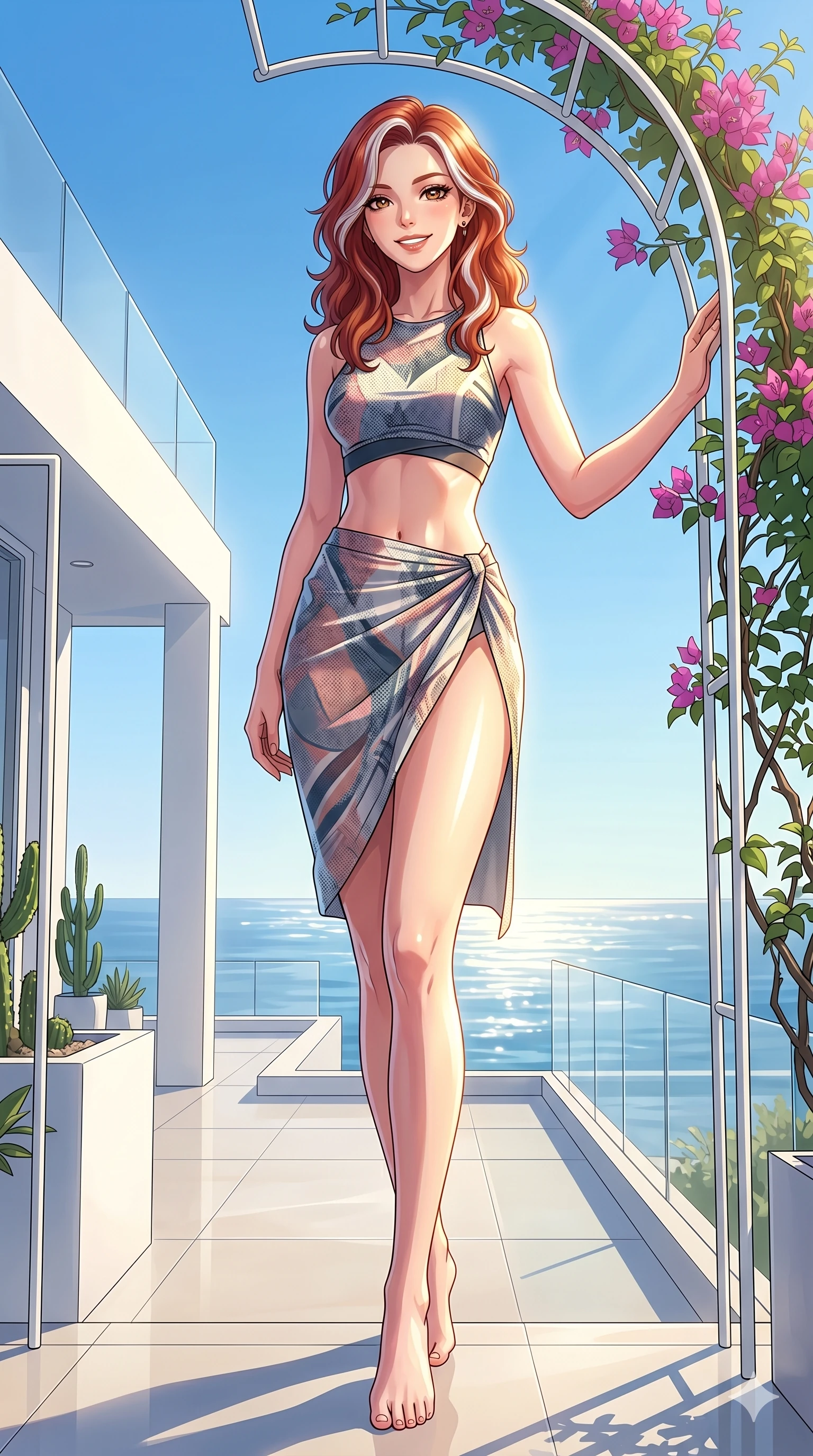 score_9, masterpiece, best quality, ultra-detailed, high-budget anime keyframe, vibrant anime aesthetic, Caucasian woman, strictly human ears. low angle full-body shot from head to toe showing her feet, filling the entire 9:16 vertical frame with her statuesque presence, stretching her vertical silhouette. She is posing with a radiant, confident smile, resting one hand on a flower arch inside a modern minimalist villa patio facing the ocean (Code-P20-048). She has an absolutely perfect 8-heads proportion, an exceptionally tall and slender female figure with impossibly long slender legs and an ultra-slim waist. V-shaped jawline, high-bridge nose, intricate jewel-like eyes with depth, thick eyelashes, glossy lips with a natural sheen. wearing a modern fusion top with an exposed waist and a high-slit wrap skirt. She is bathed in a luminous, warm sunshine highlighting her sleek silhouette and features. 2k, ultra detail, master piece, 9:16 ratio