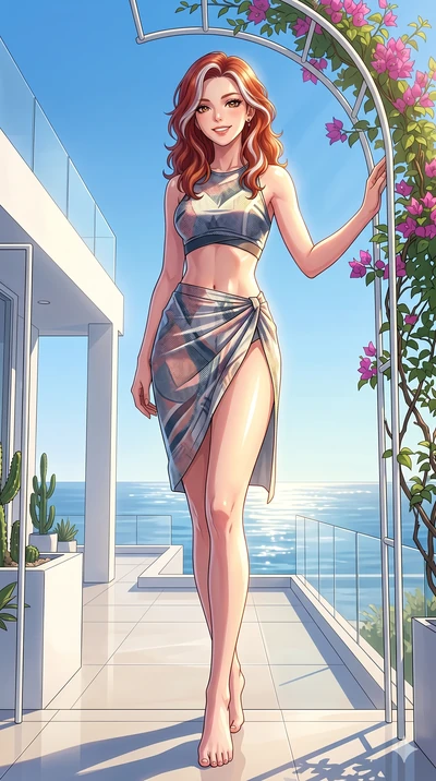 score_9, masterpiece, best quality, ultra-detailed, high-budget anime keyframe, vibrant anime aesthetic, Caucasian woman, strictly human ears. low angle full-body shot from head to toe showing her feet, filling the entire 9:16 vertical frame with her