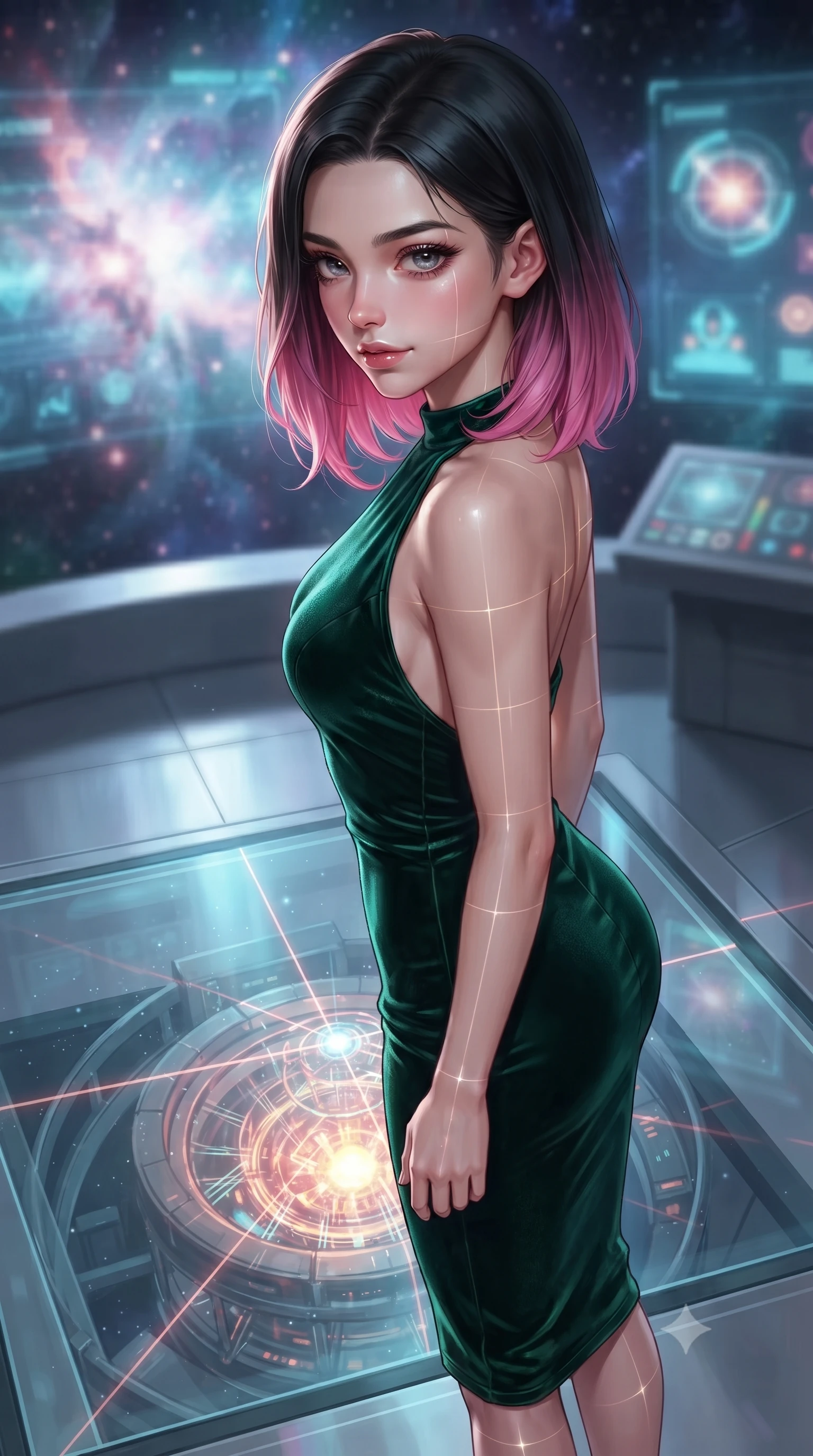 score_9, masterpiece, best quality, ultra-detailed, high-budget anime keyframe, editorial fashion photography, tasteful artistic composition, Korean woman. close-up cowboy shot from the waist and thighs up, the character dominates the composition, filling the frame with her large presence, background elements kept in soft focus. Glancing sidelong over her shoulder with a smoldering half-smile and heavy lashes poised on a glass platform over a quantum particle accelerator core, laser lines casting precise geometric grid highlights on her athletic form. She has an exceptionally elegant, slender, and willowy female figure with an ultra-slim waist, a gracefully sculpted slender torso, and a refined silhouette. sharp v-shaped jawline, high-bridge nose, intricate jewel-like eyes with depth, thick eyelashes, glossy lips with a natural sheen. wearing a velvet halter-neck midi dress in deep emerald, following her form like a glove, the sleek second-skin texture accentuating her magnetic presence. illuminated by radiant cosmic nebula light and glowing holographic displays. ultra-reflective glossy finish, specular highlights, metallic sheen, high-contrast stereoscopic depth, volumetric dynamic lighting, 2k, ultra detail, master piece, 9:16 ratio