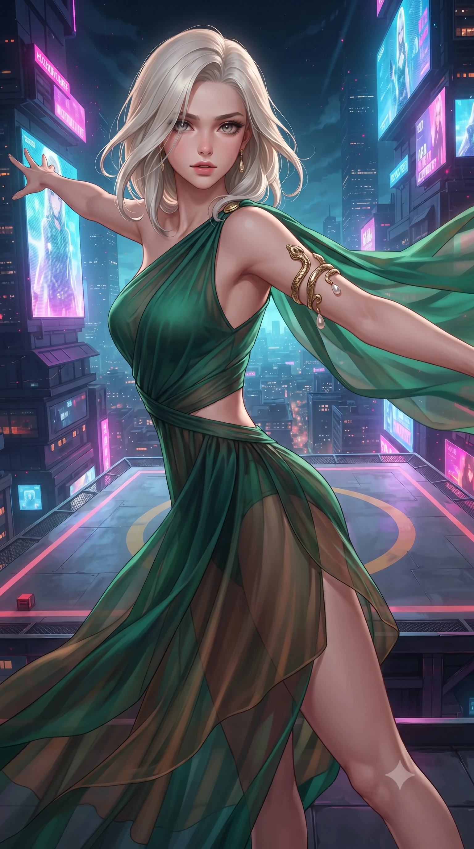 score_9, masterpiece, best quality, ultra-detailed, high-budget anime keyframe, editorial fashion photography, tasteful artistic composition, Caucasian woman. close-up cowboy shot from the waist and thighs up, the character dominates the composition, filling the frame with her large presence. radiating intense magnetic charisma with jewel-like eyes locked onto the viewer, her upper body turning in a dynamic, fluid S-curve while standing poised on the edge of a rooftop helipad platform with arms outstretched, welcoming the pulsing techno basslines. The surrounding environment is rendered in vivid detail and crisp panoramic clarity. vibrant futuristic rave chiaroscuro and exhilarating high-altitude electronic nightlife in precision. She has an exceptionally elegant, slender, and willowy female figure with an ultra-slim waist, a gracefully sculpted slender torso, toned flat midriff, and a refined slim silhouette. sharp v-shaped jawline, high-bridge nose, intricate jewel-like eyes with depth, thick eyelashes, glossy lips with a natural sheen, captivating and magnetic expression, flawlessly proportioned anatomical accuracy, strict slender model proportions, natural body alignment, perfectly sculpted long slender limbs, ultra-slim waistline, clean dynamic posture without body distortion. wearing an ethereal emerald-green silk chiffon gown with an asymmetric shoulder drape and sheer layered skirt in deep emerald green and bronze, woven from airy multi-layered silk chiffon with a weightless drape, accented with a sculptured gold serpent armlet and pearl drops edition #15, the form-contouring material adhering flawlessly to her sculpted flat midriff and slender torso, emphasizing her long leg lines and perfectly proportioned willowy build. bathed in flashing RGB strobe lights and glowing holographic billboard backlighting. ultra-reflective glossy finish, specular highlights, rich textural contrasts, high-contrast stereoscopic depth, volumetric dynamic lighting, 2k, ultra detail, master piece, 9:16 ratio