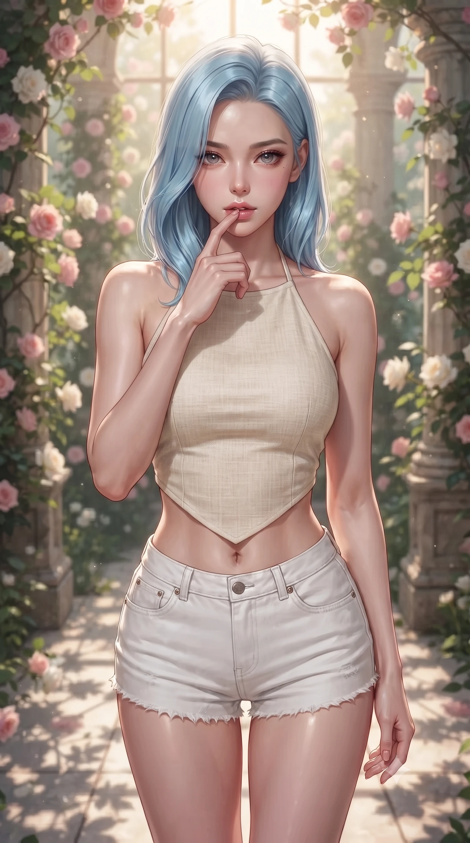 score_9, masterpiece, best quality, ultra-detailed, high-budget anime keyframe, editorial fashion photography, tasteful artistic composition, Korean woman. close-up cowboy shot from the waist and thighs up, the character dominates the composition, filling the frame with her large presence, background elements kept in soft focus. pressing one finger to her bottom lip in a thoughtful, seductive gesture under the warm sun the background shows a soft-focus a secluded rose garden glasshouse with climbing pink roses and stone pillars. She has an exceptionally elegant, slender, and willowy female figure with an ultra-slim waist, a gracefully sculpted slender torso, and a refined silhouette. sharp v-shaped jawline, high-bridge nose, intricate jewel-like eyes with depth, thick eyelashes, glossy lips with a natural sheen. wearing a form-contouring stylish linen halter top with an open-back design, paired with white micro-shorts. soft morning sunrays casting elegant shadows of the roses and leaves. ultra-reflective glossy finish, specular highlights, metallic sheen, high-contrast stereoscopic depth, volumetric dynamic lighting, 2k, ultra detail, master piece, 9:16 ratio