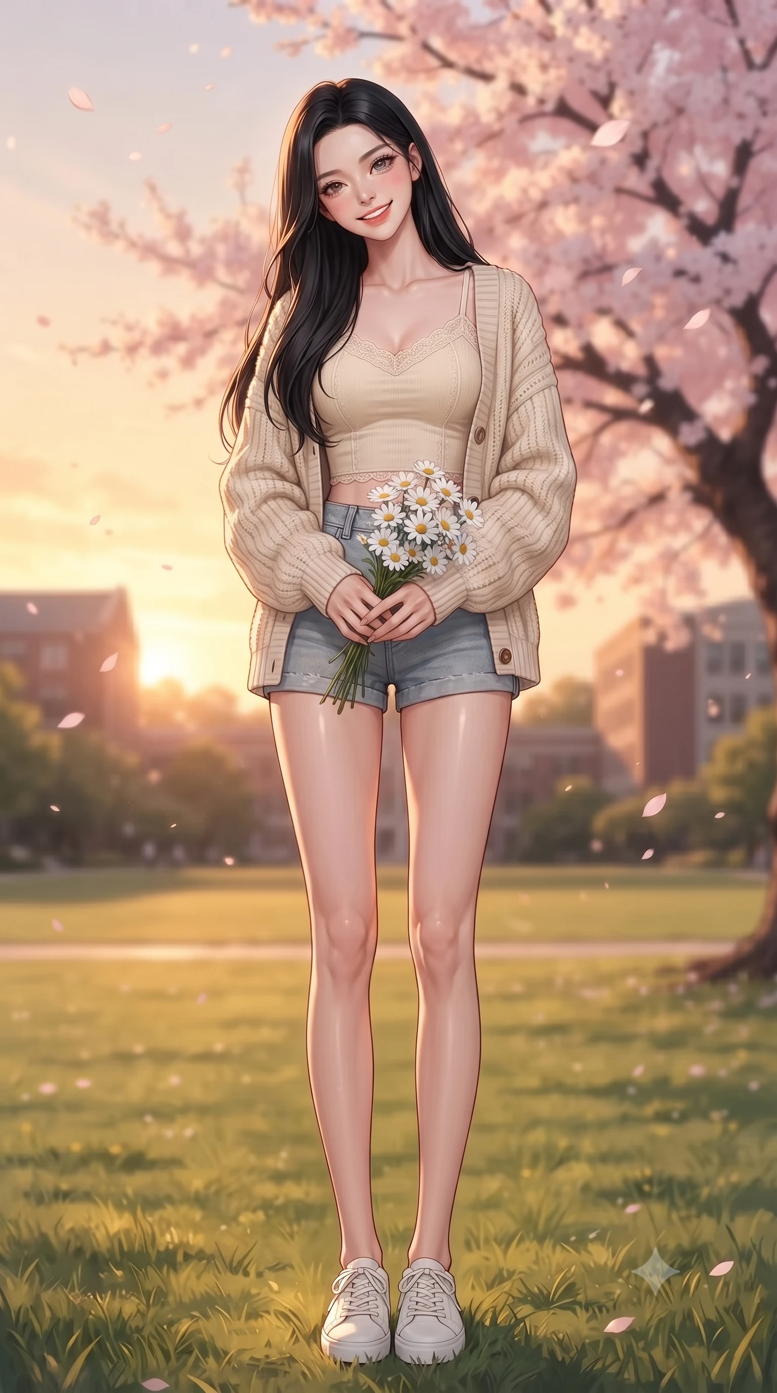 score_9, masterpiece, best quality, ultra-detailed, high-budget anime keyframe, editorial fashion photography, tasteful artistic composition, Korean woman. low angle full-body shot from head to toe showing her feet, filling the entire 9:16 vertical frame with her statuesque presence, stretching her vertical silhouette. standing with a cute, bright pose, tilting her head with a beaming smile set against a soft-focus background of sitting on a wooden bench under a large, blooming cherry blossom tree on a college campus lawn while holding a delicate bouquet of white daisies. She has an absolutely perfect, statuesque 8.5-heads proportion, an exceptionally tall and slender model-like female figure with impossibly long slender legs and an ultra-slim waist. sharp v-shaped jawline, high-bridge nose, intricate jewel-like eyes with depth, thick eyelashes, glossy lips with a natural sheen. wearing slim-fit delicate lace-trim crop top in cream, worn under an open preppy cardigan and denim shorts. golden hour sunset light casting a peaceful, cozy orange wash across the lawns. ultra-reflective glossy finish, specular highlights, metallic sheen, high-contrast stereoscopic depth, volumetric dynamic lighting, 2k, ultra detail, master piece, 9:16 ratio