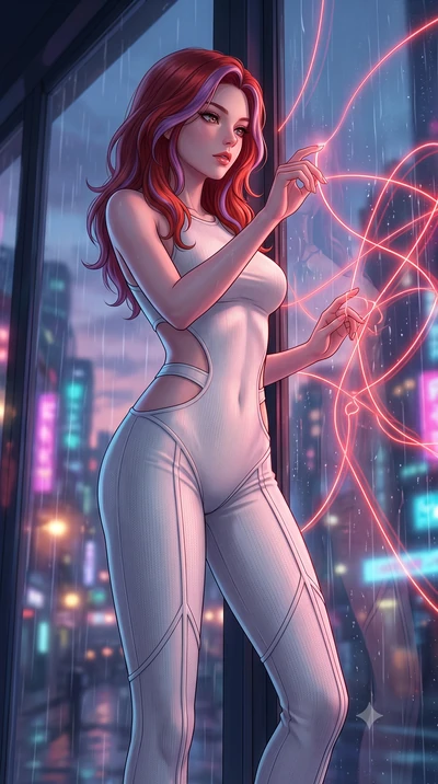 score_9, masterpiece, best quality, ultra-detailed, High-budget Anime Keyframe, Caucasian woman, strictly human ears. Low angle cowboy shot filling the entire 9:16 frame with her statuesque presence. Scenario 519: tracing a glowing red thread of fate
