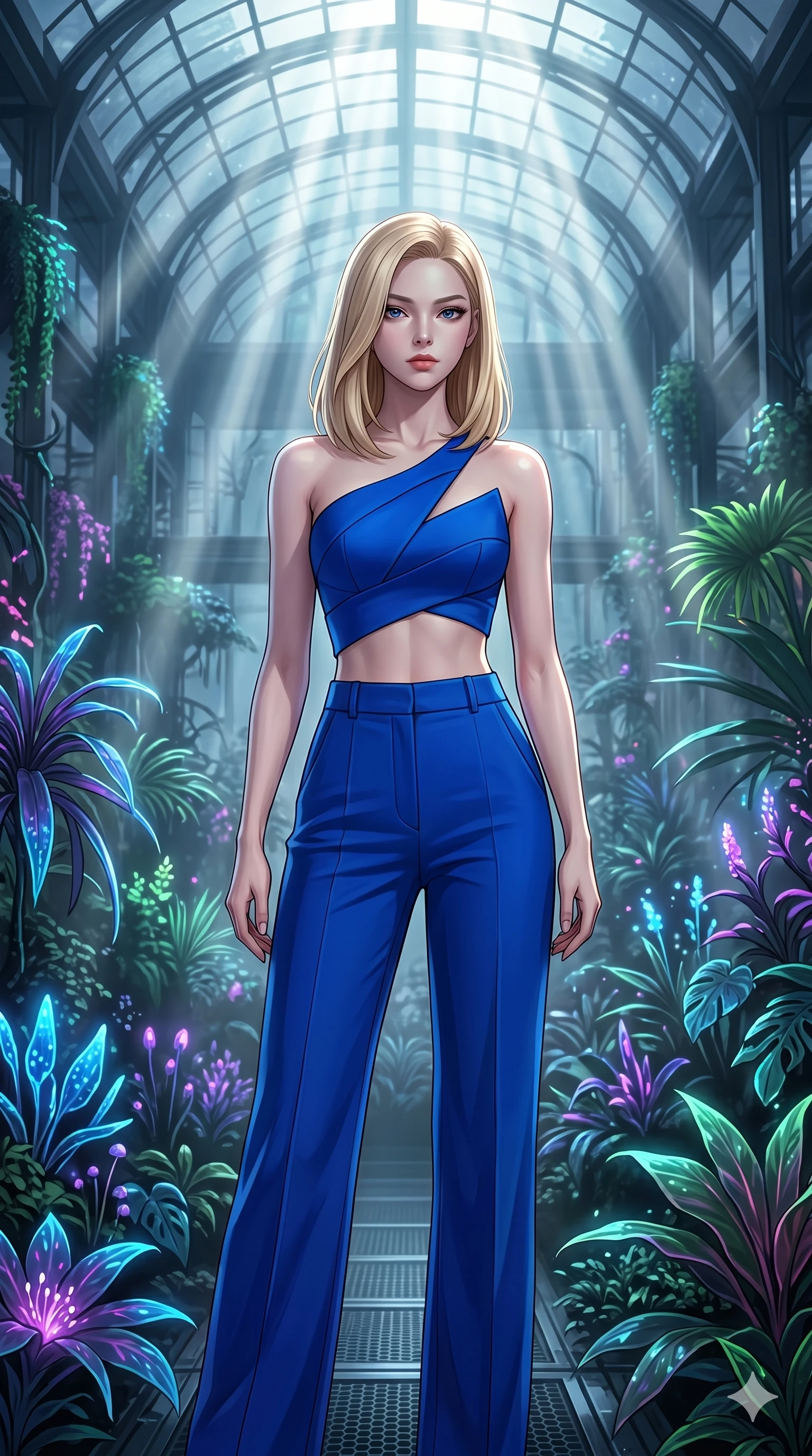 score_9, masterpiece, best quality, ultra-detailed, high-budget anime keyframe, editorial fashion photography, tasteful artistic composition, Korean woman. cowboy shot from the thighs up, character and outfit filling the frame for maximum editorial presence. Gazing past the camera with an air of effortless superiority within a vast cyberpunk greenhouse of neon-lit bioluminescent flora and silver mist. She has an absolutely perfect 8-heads proportion, an exceptionally tall and slender female figure with impossibly long slender legs and an ultra-slim waist. V-shaped jawline, high-bridge nose, intricate jewel-like eyes with depth, thick eyelashes, glossy lips with a natural sheen. wearing an asymmetric one-shoulder sculptural crop top in electric blue with a bold architectural neckline and a bare midriff, paired with sharp high-waist tailored wide-leg trousers in matching cobalt. drenched in cinematic god-ray sunlight descending from a vaulted glass ceiling, illuminating her form. 2k, ultra detail, master piece, 9:16 ratio