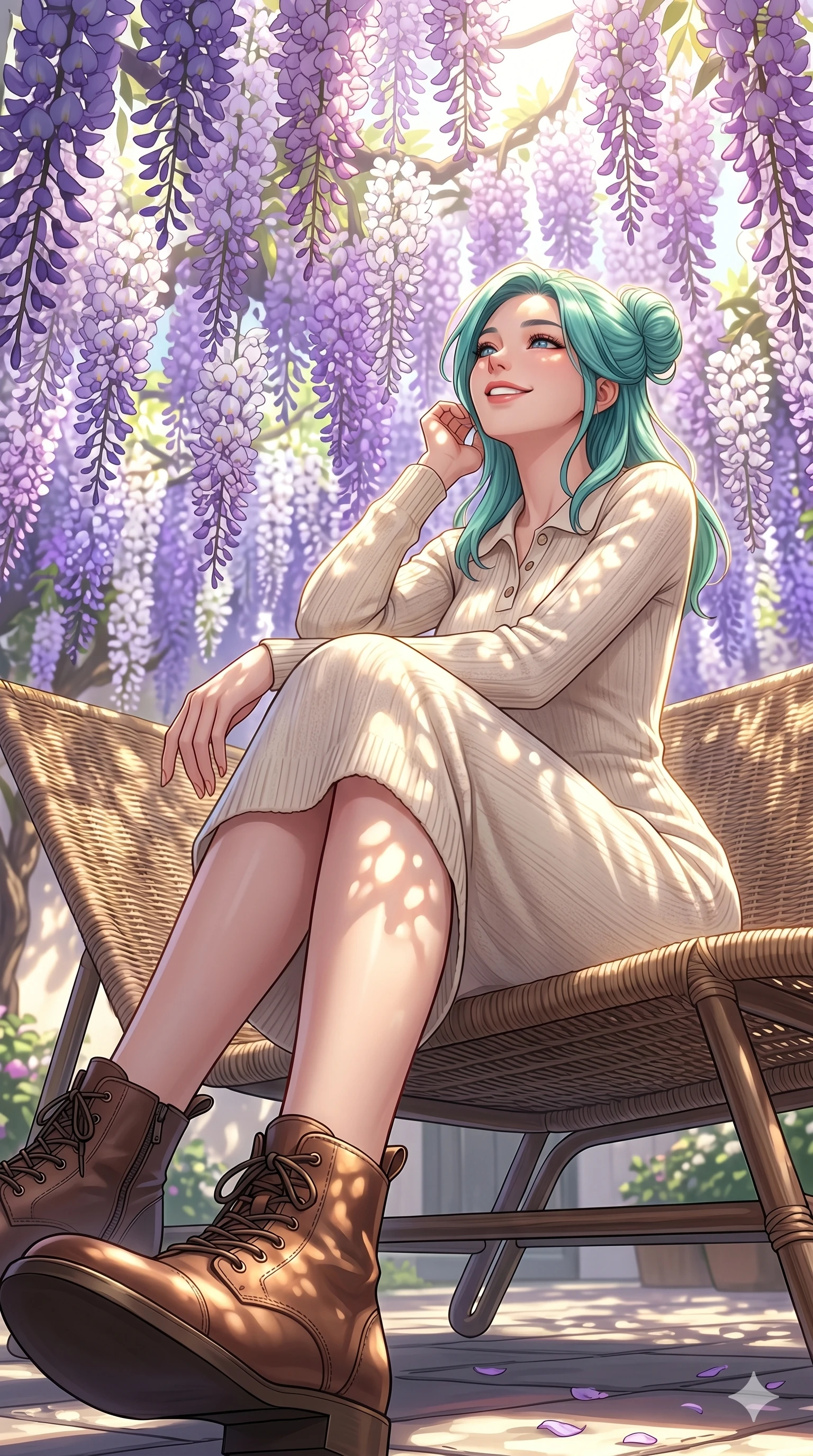 score_9, masterpiece, best quality, ultra-detailed, high-budget anime keyframe, vibrant anime aesthetic, Japanese woman. low angle full-body shot from head to toe showing her feet, filling the entire 9:16 vertical frame with her statuesque presence, stretching her vertical silhouette. She is leaning back on a lounge chair with a delightful smile, looking up happily standing under a canopy of blooming wisteria in a sunny garden courtyard (Code-P20-013). She has an absolutely perfect 8-heads proportion, an exceptionally tall and slender female figure with impossibly long slender legs and an ultra-slim waist. V-shaped jawline, high-bridge nose, intricate jewel-like eyes with depth, thick eyelashes, glossy lips with a natural sheen. wearing a spring knit dress with a buttoned collar and leather boots. She is bathed in brilliant, high-contrast sunlight with a single golden line tracing her profile. 2k, ultra detail, master piece, 9:16 ratio