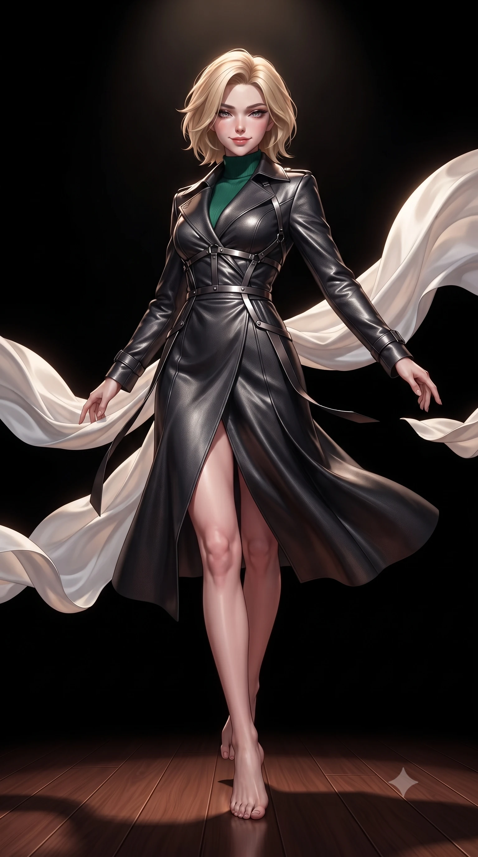 score_9, masterpiece, best quality, ultra-detailed, high-budget anime keyframe, editorial fashion photography, tasteful artistic composition, Caucasian woman. low angle full-body shot from head to toe showing her feet, filling the entire 9:16 vertical frame with her statuesque presence, stretching her vertical silhouette. leaping dynamically through the starry space, her posture full of power and elegance, poised on a polished mahogany floor surrounded by trailing white silk sheets, magnetic, smoldering half-smile as she glances sidelong into the camera. She has an absolutely perfect, statuesque 8.5-heads proportion, an exceptionally tall and slender model-like female figure with impossibly long slender legs and an ultra-slim waist. sharp v-shaped jawline, high-bridge nose, intricate jewel-like eyes with depth, thick eyelashes, glossy lips with a natural sheen. wearing structured charcoal trench dress over sleek turtleneck in deep emerald green, made of liquid dark mercury jersey, highlighted by a gunmetal metallic harness structure, accentuating her gracefully sculpted slender torso. lit by a single warm spotlight emerging from pitch-black background shadows. highly saturated vibrant anime colors, detailed shading with soft gradients, rich glossy textures, high-contrast stereoscopic depth, volumetric dynamic lighting, master piece, 9:16 ratio