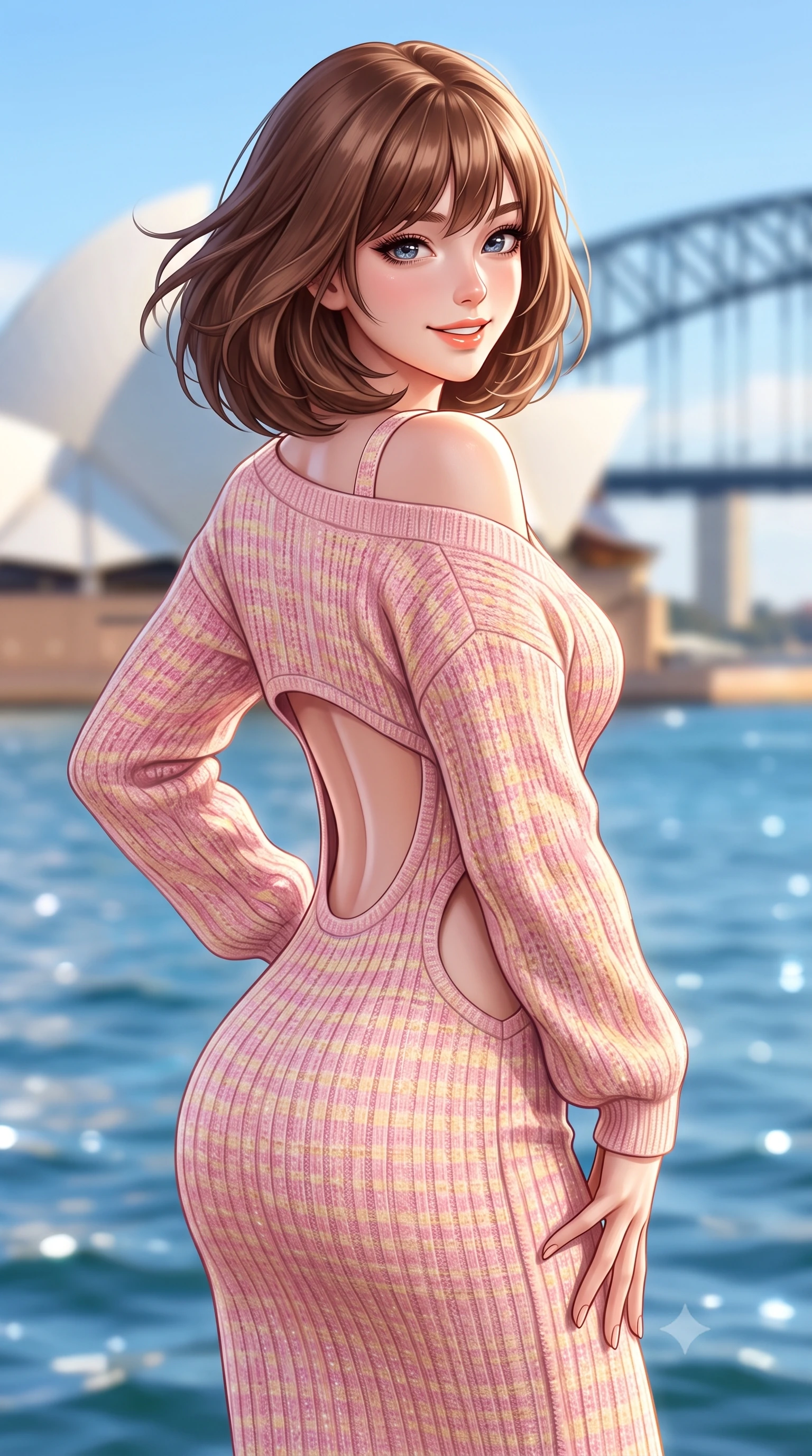 score_9, masterpiece, best quality, ultra-detailed, high-budget anime keyframe, semi-realistic 3D game render, editorial fashion photography, tasteful artistic composition, Caucasian woman. close-up cowboy shot from the waist and thighs up, the character dominates the composition, filling the frame with her large presence. tilting her head with a cute beaming smile while arching her spine with effortless dancer poise, one hand sliding along her hip line in a flirtatious S-curve while turning in an alluring dancer S-curve as harbour breezes whip her hair, the white sails of the Opera House gleaming behind her. The composition keeps background elements in soft focus with dreamy creamy bokeh. glistening blue harbour waters, white sails of the Sydney Opera House, and Harbour Bridge blurred into sapphire, pearl-white, and gold bokeh. She has an exceptionally elegant, slender, and willowy female figure with an ultra-slim waist, flat toned midriff, narrow ribcage, and sculpted feminine hips creating an alluring, slim hourglass silhouette without bulk. sharp v-shaped jawline, high-bridge nose, intricate jewel-like sparkling eyes with depth, thick eyelashes, glossy parted lips with a natural peach sheen, bright cheerful beaming smile with an enchanting and coquettish sensual glint, exuding both youthful cute charm and seductive allure, flawlessly proportioned anatomical accuracy, strict slender model proportions, natural body alignment, perfectly sculpted long slender limbs, ultra-slim waistline, clean dynamic posture without body distortion. wearing a form-contouring ribbed knit bodycon midi dress with an open back scoop descending to the base of her spine in sweet strawberry milk pink and butter yellow, tailored from soft pastel tweed with subtle metallic shimmer, complemented by an oversized soft knit cardigan slipping off one bare shoulder, the precision-cut side openings and low-back scoop framing her graceful spine and the sensual sweep of her slim, toned hips. illuminated by intense specular sea reflections sharply carving her razor-sharp jawline, narrow waist, and curvy hips. highly saturated vibrant anime colors, detailed shading with soft gradients, rich glossy textures, high-contrast stereoscopic depth, volumetric dynamic lighting, master piece, 9:16 ratio