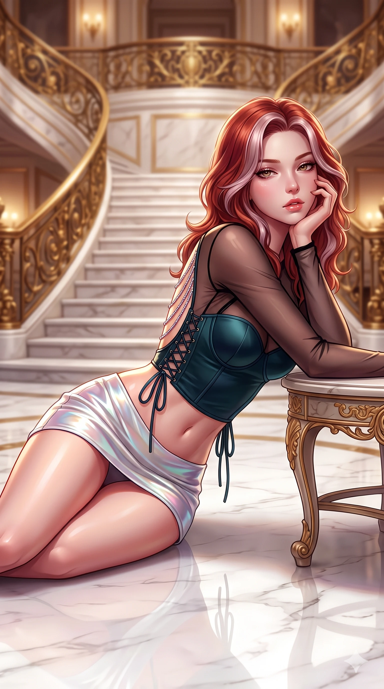 score_9, masterpiece, best quality, ultra-detailed, high-budget anime keyframe, semi-realistic 3D game render, editorial fashion photography, tasteful artistic composition, Caucasian woman. close-up cowboy shot from the waist and thighs up, the character dominates the composition, filling the frame with her large presence. resting one elbow on the table and supporting her chin, leaning close to the camera with heavy-lidded sparkling eyes and parted lips while reclining on the broad marble stair landing propped on one elbow, her long slender legs and sculpted waist commanding the opulent Belle Époque space. The background shows a soft-focus luxurious foyer atmosphere softened in Belle Époque grand staircase shallow focus. She has an exceptionally elegant, slender, and willowy female figure with an ultra-slim waist, flat toned midriff, narrow ribcage, and sculpted feminine hips creating an alluring, slim hourglass silhouette without bulk. sharp v-shaped jawline, high-bridge nose, intricate jewel-like sparkling eyes with depth, thick eyelashes, glossy parted lips with a natural sheen, intensely captivating and seductive bedroom-eyes expression, exuding both youthful cute charm and sovereign luxury allure, flawlessly proportioned anatomical accuracy, strict slender model proportions, natural body alignment, perfectly sculpted long slender limbs, ultra-slim waistline, clean dynamic posture without body distortion. wearing a sculpted matte satin underwire crop corset with lace-up side ties paired with a low-rise micro skirt in iridescent mother-of-pearl and liquid molten silver, made of sheer contouring power-mesh with velvet flocking patterns, accented with an open-back drape framed by falling strands of delicate chrome chains, the form-contouring material adhering flawlessly to her sculpted flat midriff and slender torso, emphasizing her long leg lines and perfectly proportioned willowy build. illuminated by white marble floor bounce and sharp diamond-gold rim lights carving her sculpted collarbones, ultra-slim waist, and curvy hips. highly saturated vibrant anime colors, detailed shading with soft gradients, rich glossy textures, high-contrast stereoscopic depth, volumetric dynamic lighting, master piece, 9:16 ratio